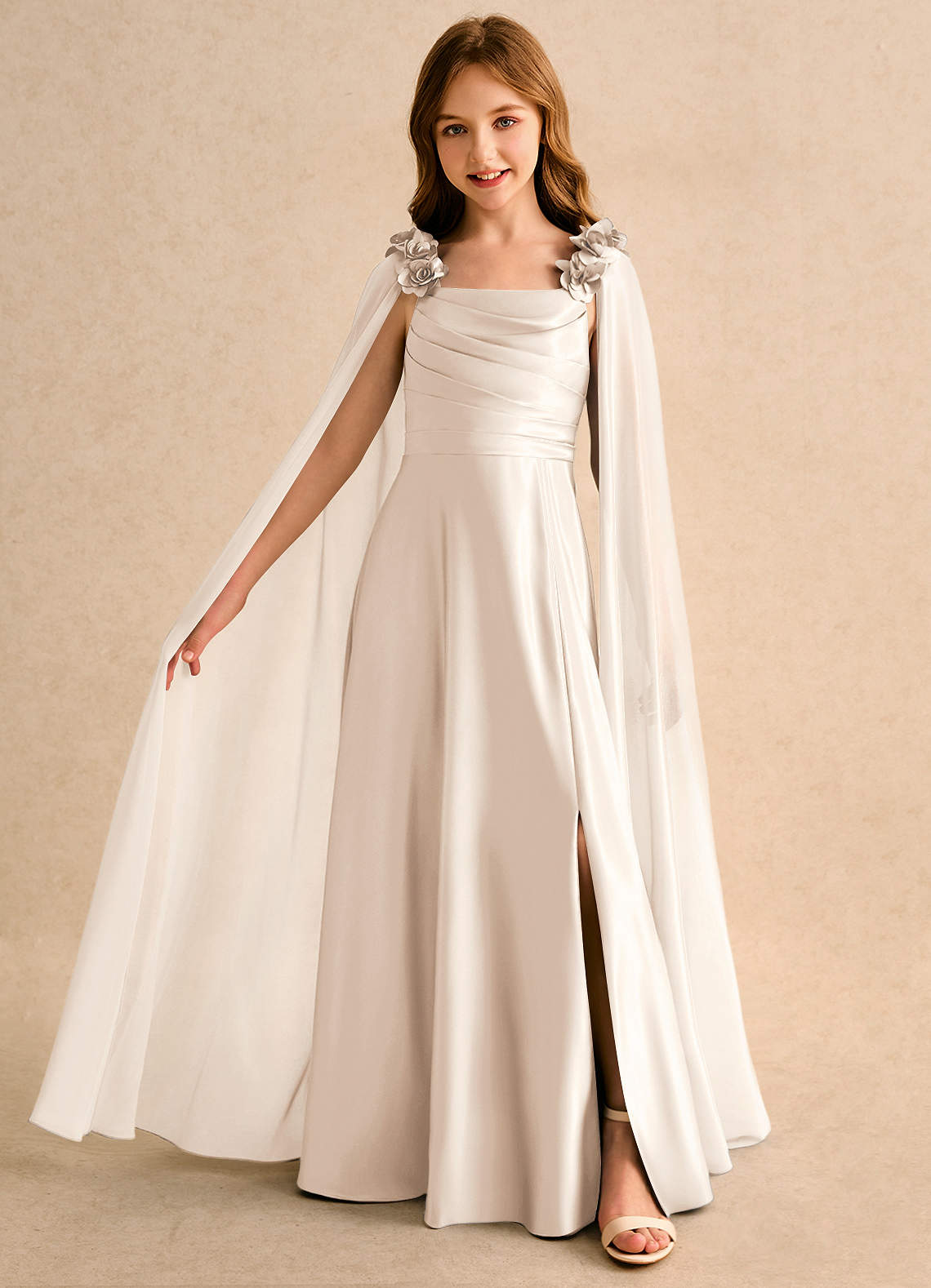 Azazie A-Line/Princess Square Neck Floor-Length Chiffon Flower Girl Dresses - White Alabaster
