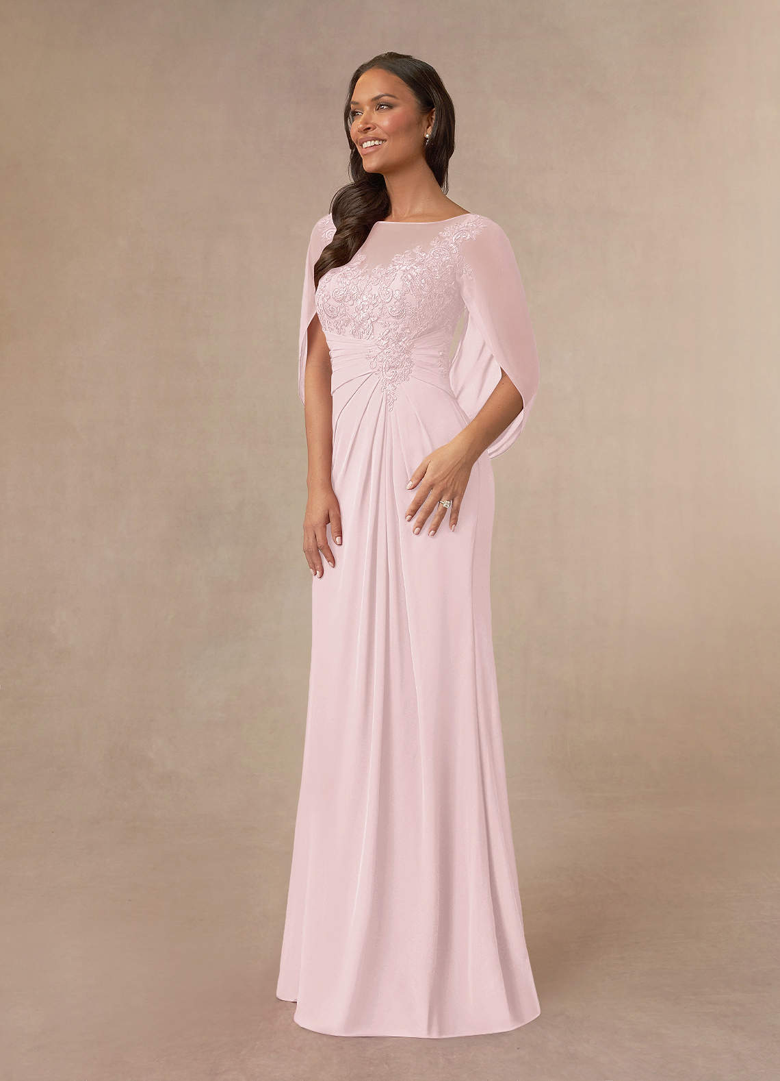 Azazie Hera Mother of the Bride Dresses Blushing Pink A-Line Lace Capelet Chiffon Dress image1