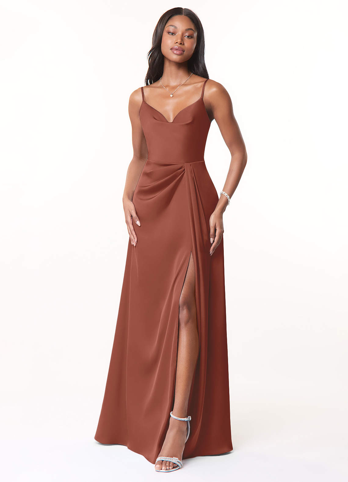 Azazie Brielle Brautjungfernkleider A-Linie Cowl-Spaghettiträger Stretch-Satin Kleid Rotbraun image1