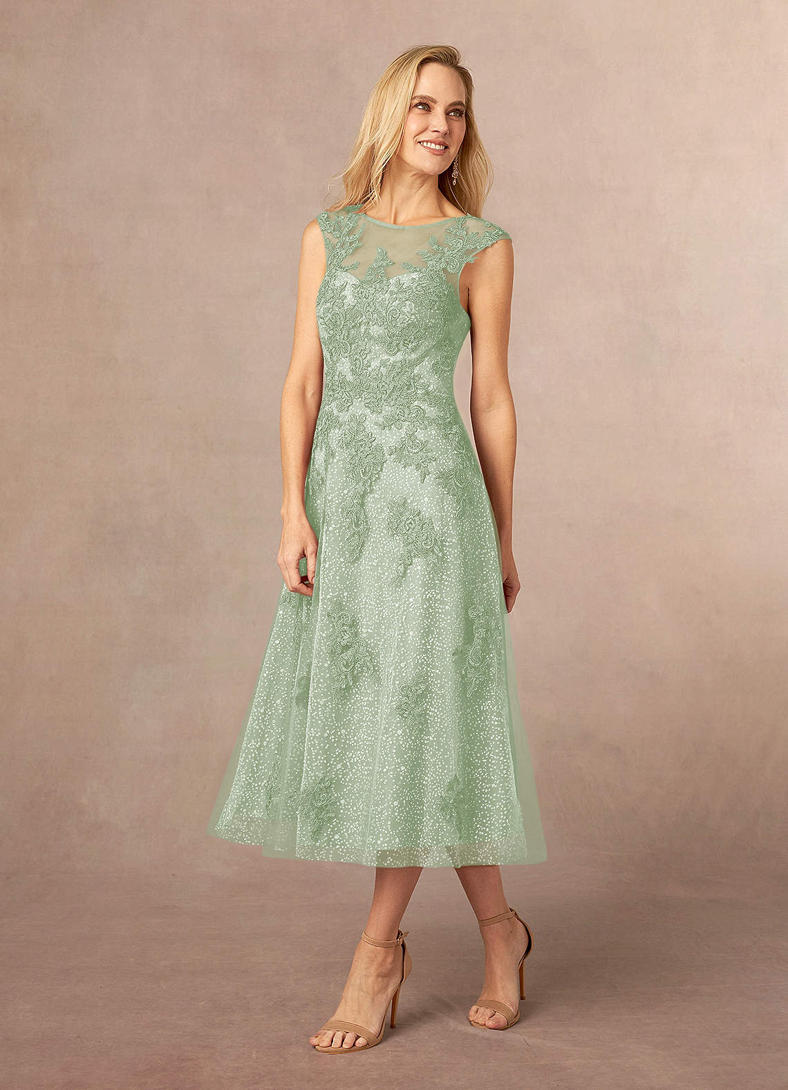 Azazie Flynn Mother of the Bride Dresses Dusty Sage A-Line Boatneck Lace Tulle Dress image1
