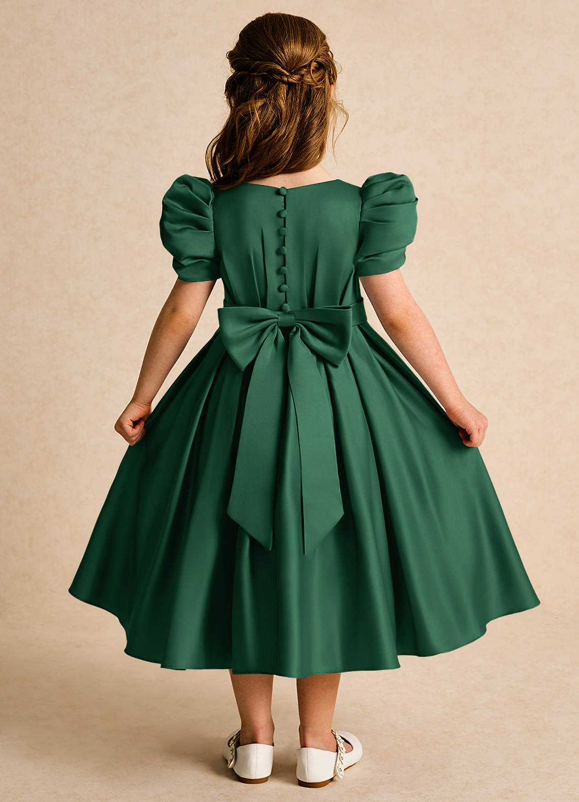 Azazie Miriam vestidos de niña de las flores Vestido de Verde Oscuro de Satin Mate de Princesa con Plisado image1