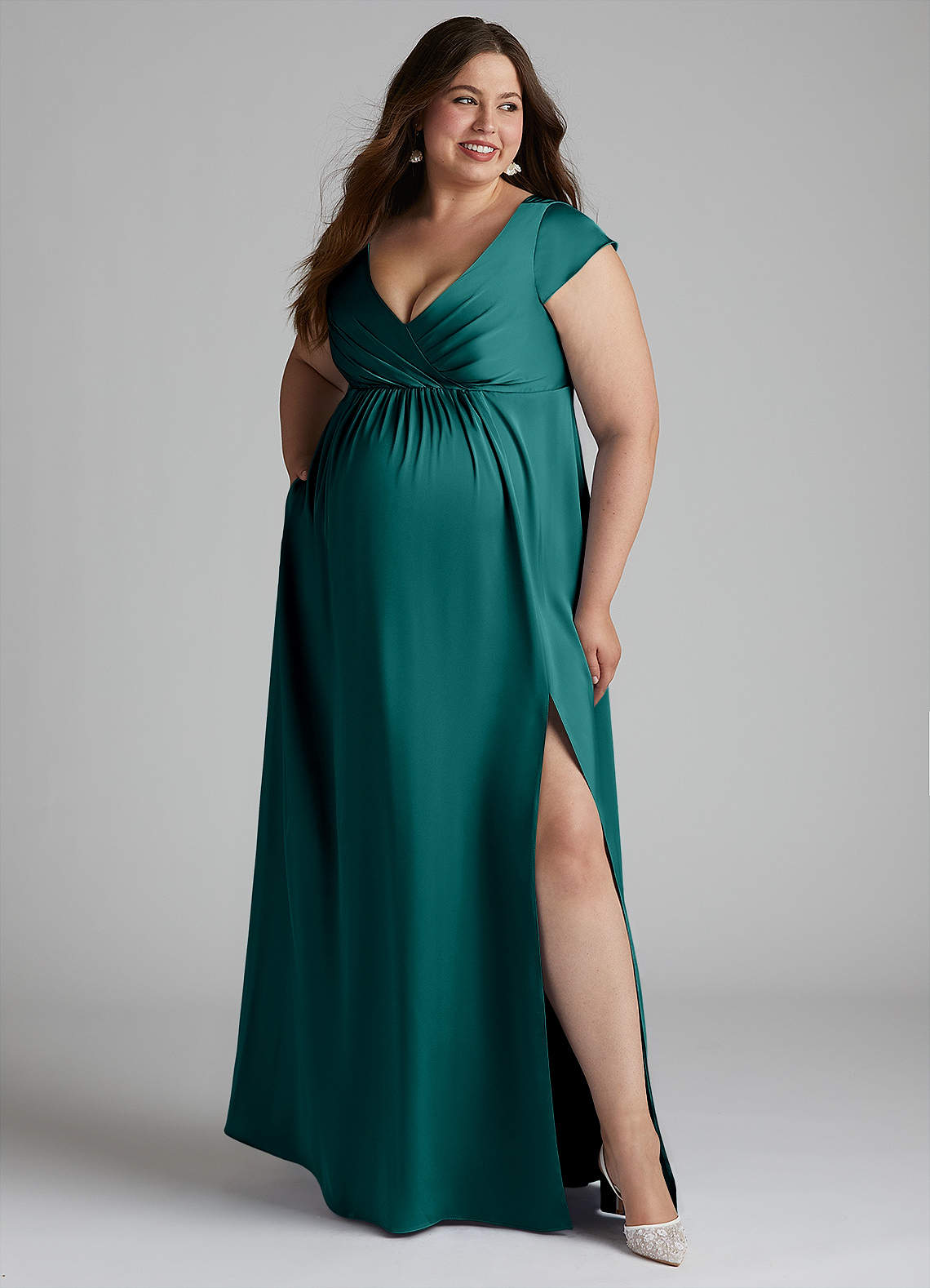 Azazie Allessia Probar vestidos en casa Vestido de Corte en A Plisado Hasta el suelo Satén Elástico image9