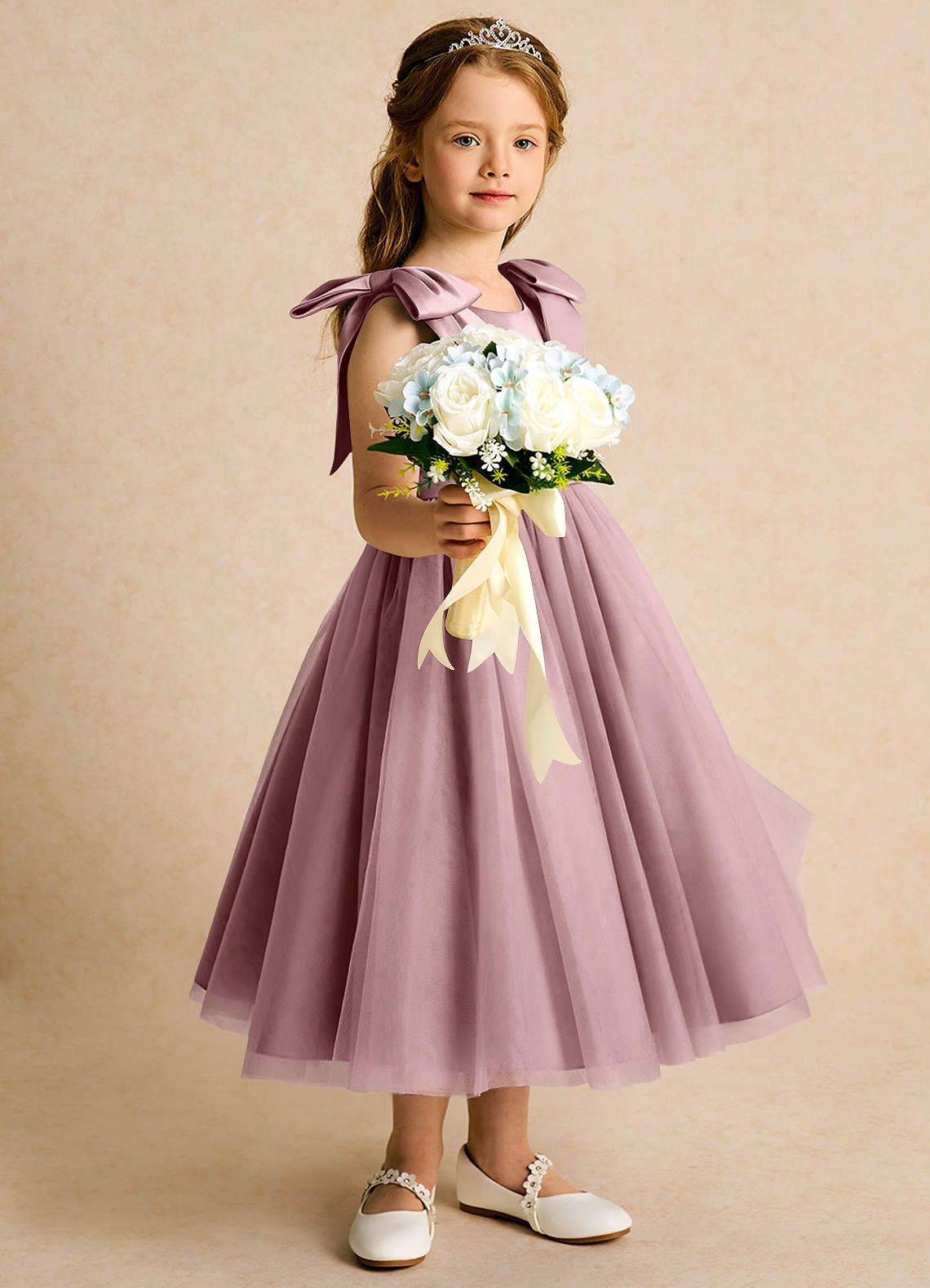 Azazie Serene Abiti da Ragazza di Fiori Abito Principessa in Raso Opaco Fiocco Rosa Polverosa image4