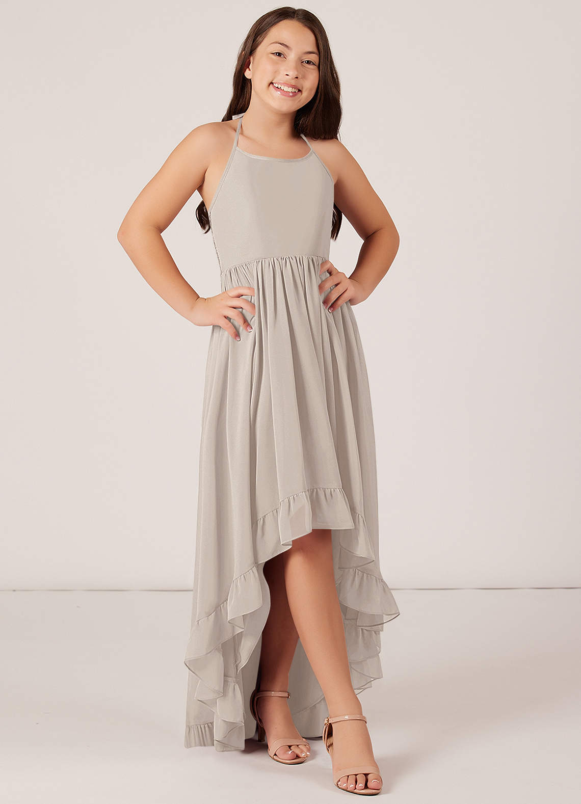 Azazie Sarafina Junior A-Linie Spitze Chiffon Kleid Frost image1