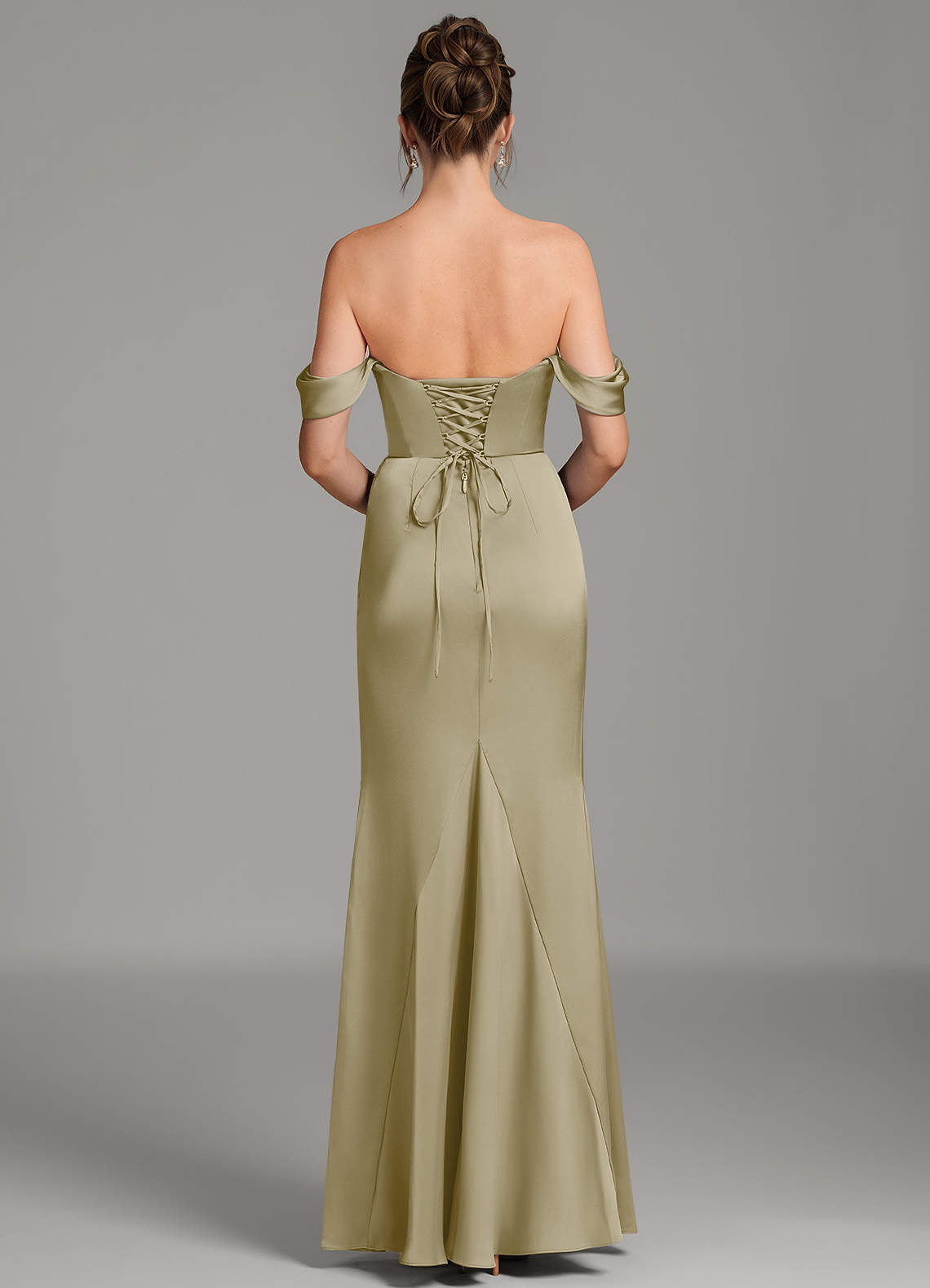 olive green and gold bridesmaid dresses Azazie Alanis Moss Stretch Satin _okendo:syndication_key:CL135031002