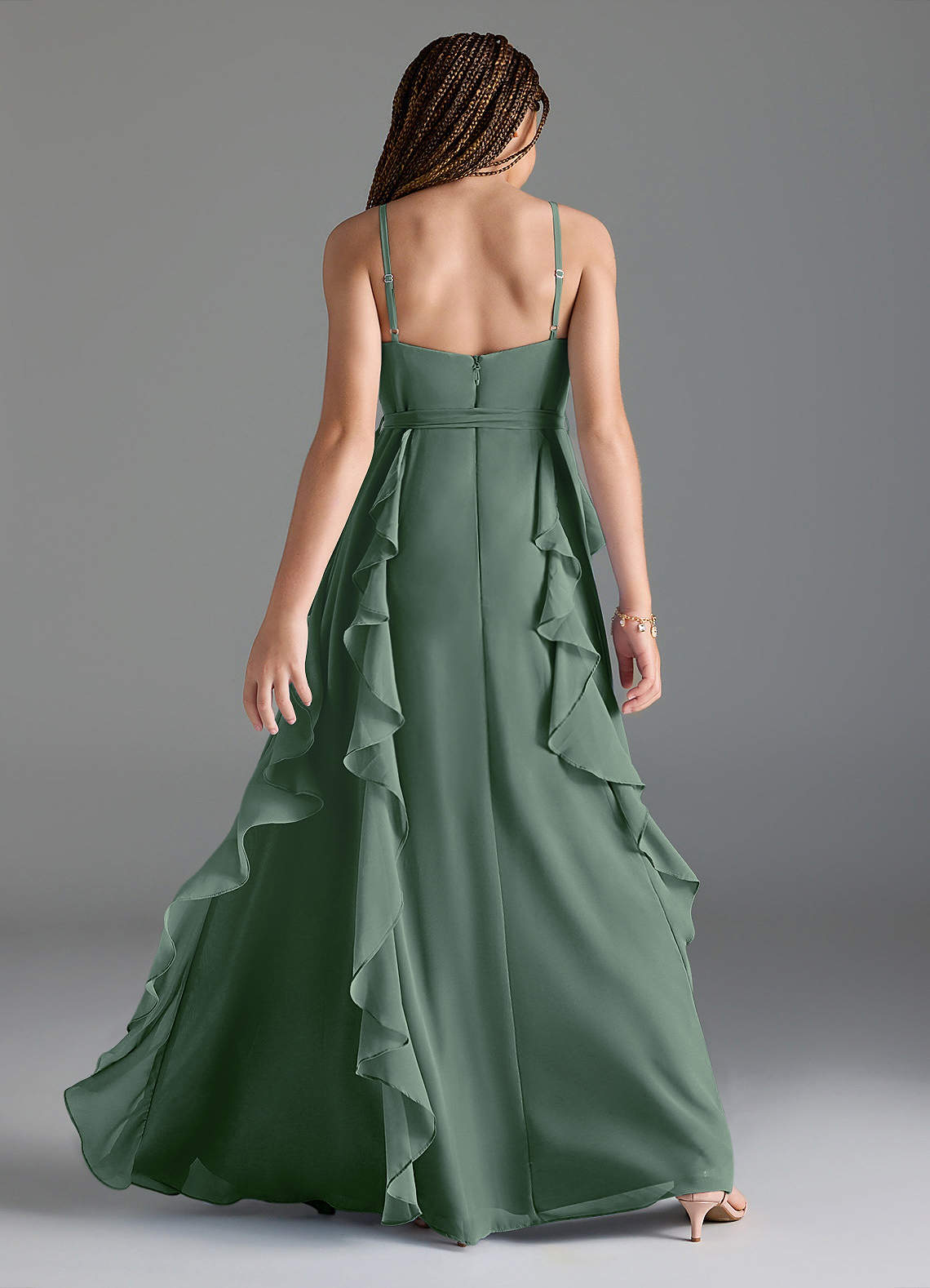 Azazie Peyton Junior Eucalyptus A-Line V-Neck Cascading Ruffles Chiffon Dress image4