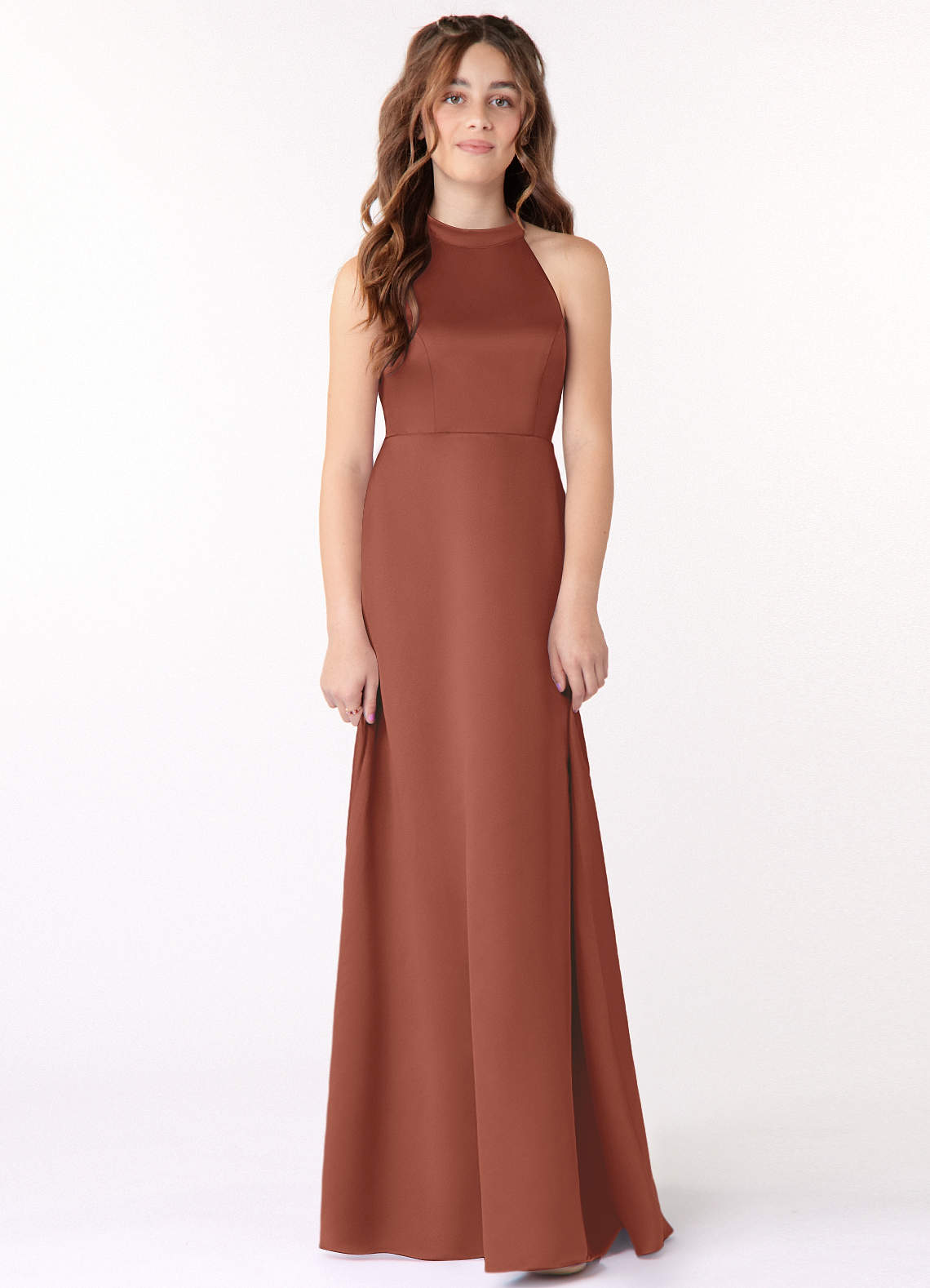 Azazie Laurel Junior Auburn A-Line Stretch Satin Dress image1