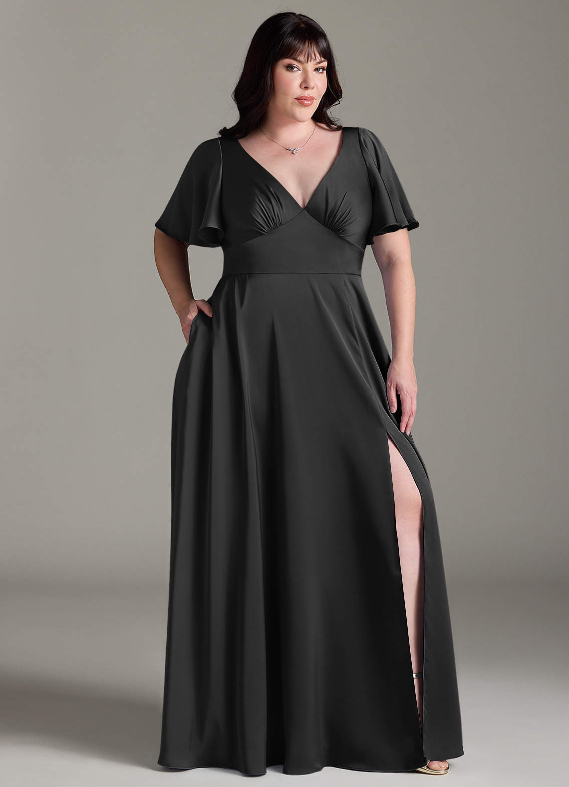 Azazie Kimber Bridesmaid Dresses Black A-Line Ruched Stretch Satin Dress image8