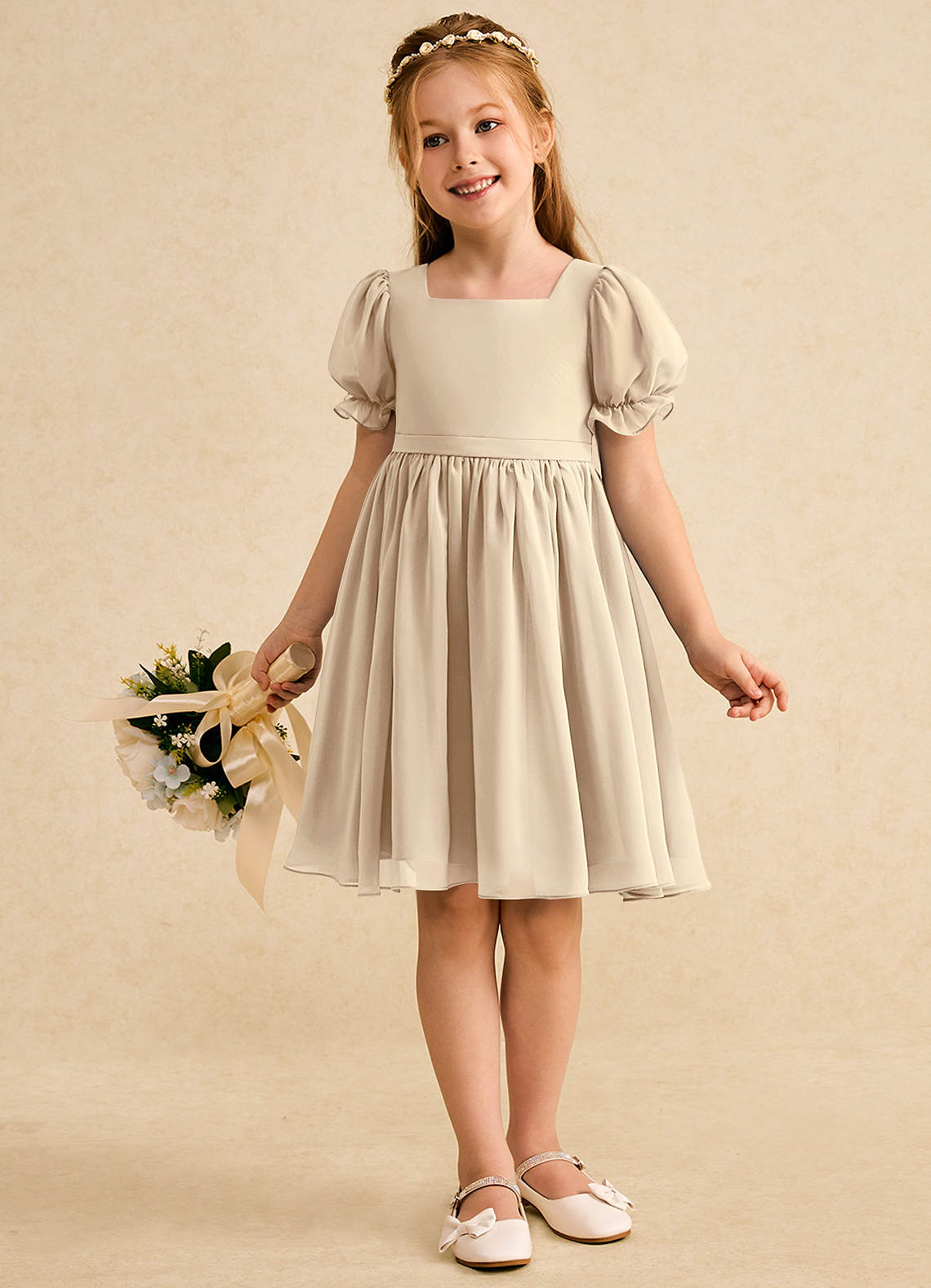 Azazie Jolie Blumenmädchenkleider A-Linie mit ärmel Chiffon Kleid Champagner image3