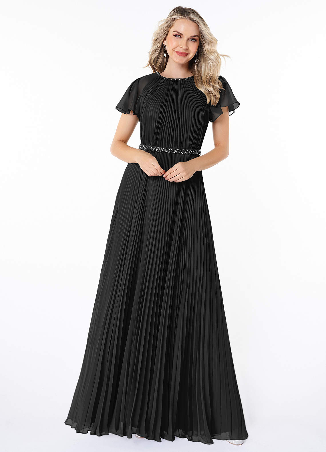 Azazie Kara Vestidos modestos de dama de honra Vestido Linha A Plissado Comprimento do chão Chiffon image3