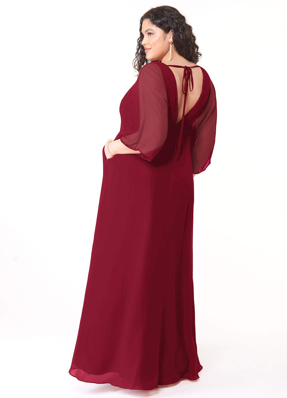 Azazie Rebecca Bridesmaid Dresses A-Line V-Neck Long Sleeve Chiffon Floor-Length Dress image1