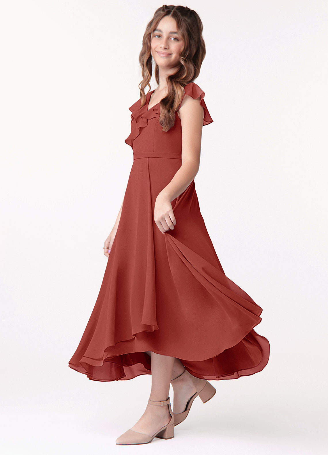 Azazie Posie Junior A-Linie Gestreift Chiffon Kleid Terrakotta image1