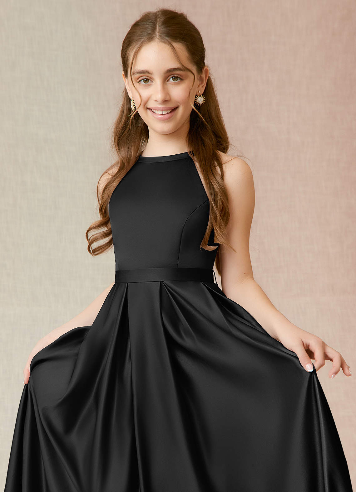 Azazie Arianthe Junior Black A-Line with Pockets Matte Satin Dress image4