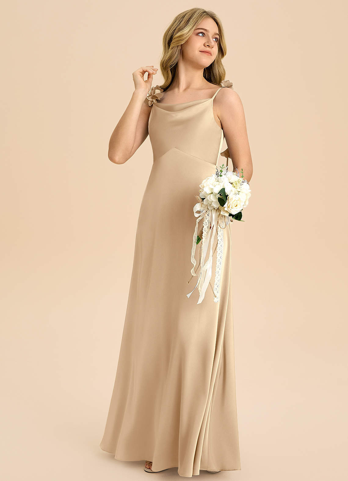 Azazie Gumdrop Junior Champagne Empire Pleated Stretch Satin Dress image3