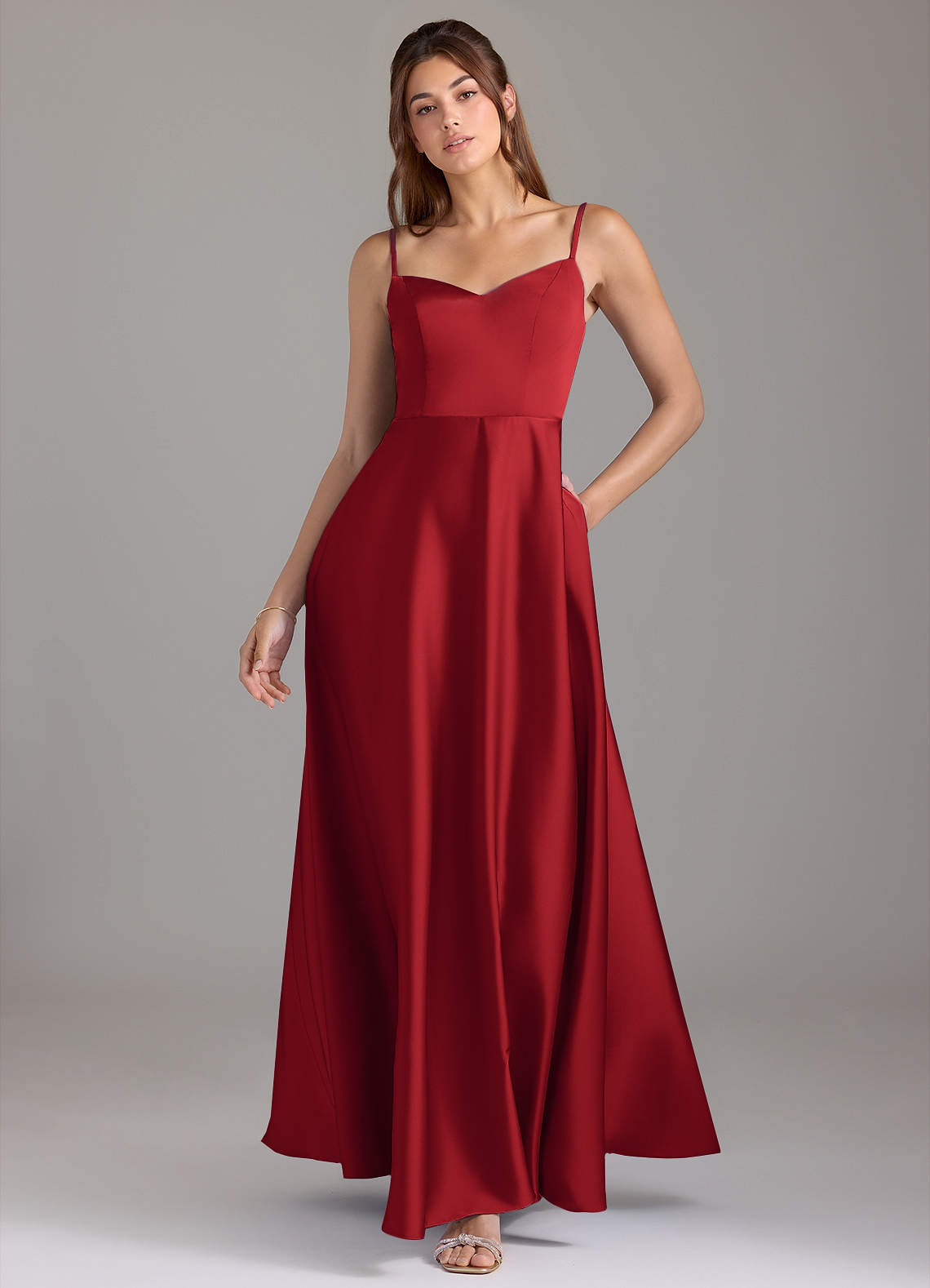 Azazie Marley Bridesmaid Dresses Pomegranate A-Line Off the Shoulder Stretch Satin Convertible Dress image1