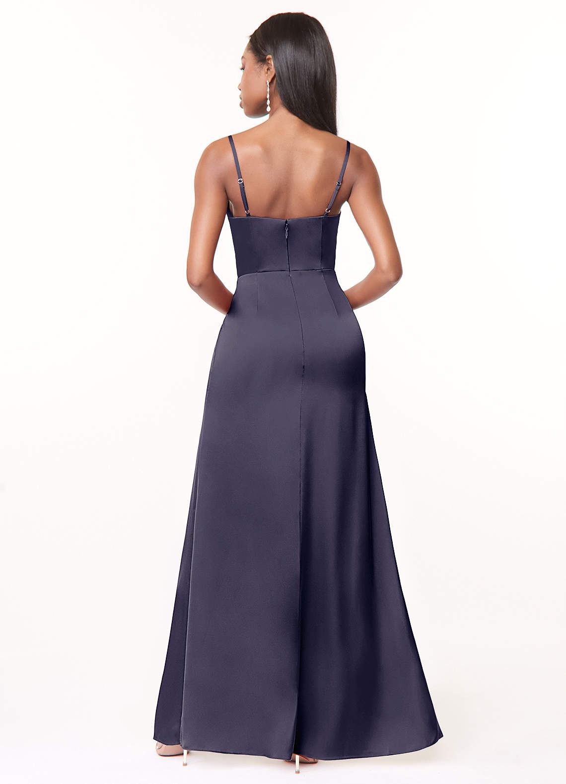 Azazie Maci Bridesmaid Dresses Stormy A-Line V-Neck Pleated Stretch Satin Dress image1