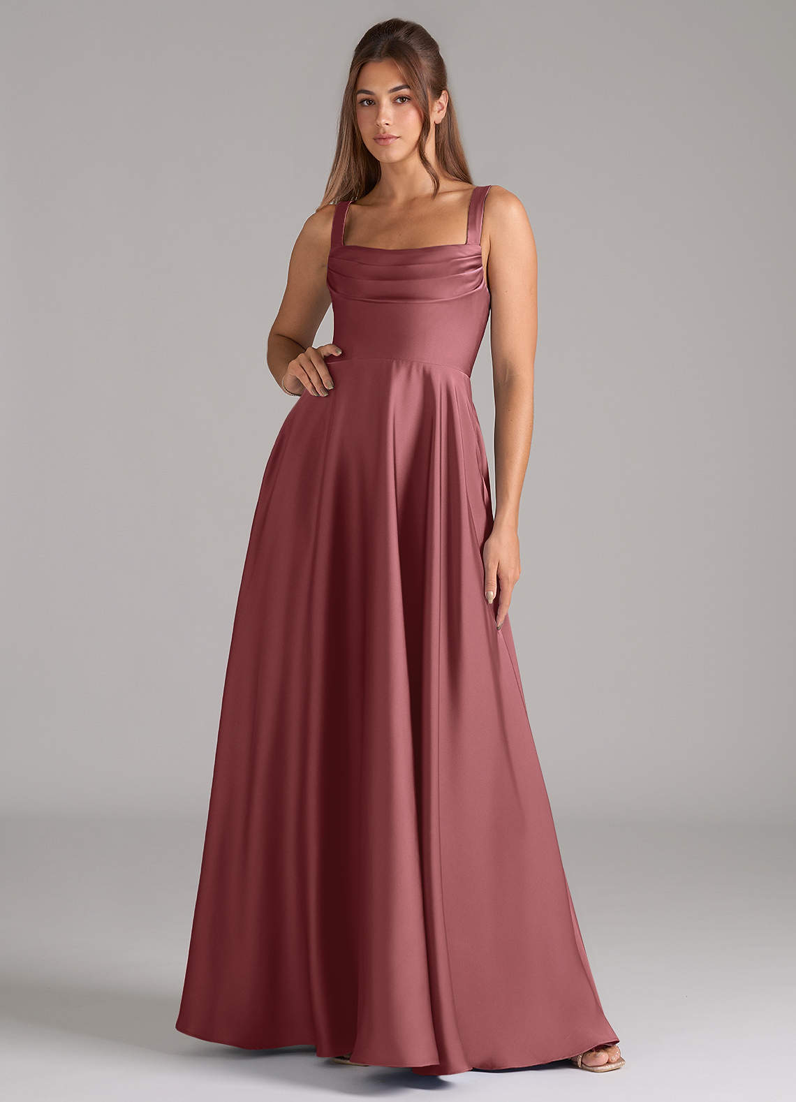Azazie Shaude Bridesmaid Dresses Amethyst A-Line Pleated Stretch Satin Dress image1