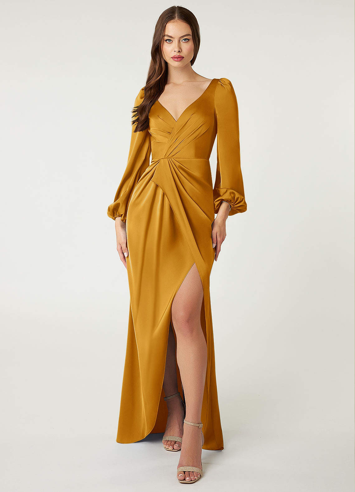 Azazie Mel Bridesmaid Dresses Butterscotch Sheath Long Sleeve Stretch Satin Dress image1