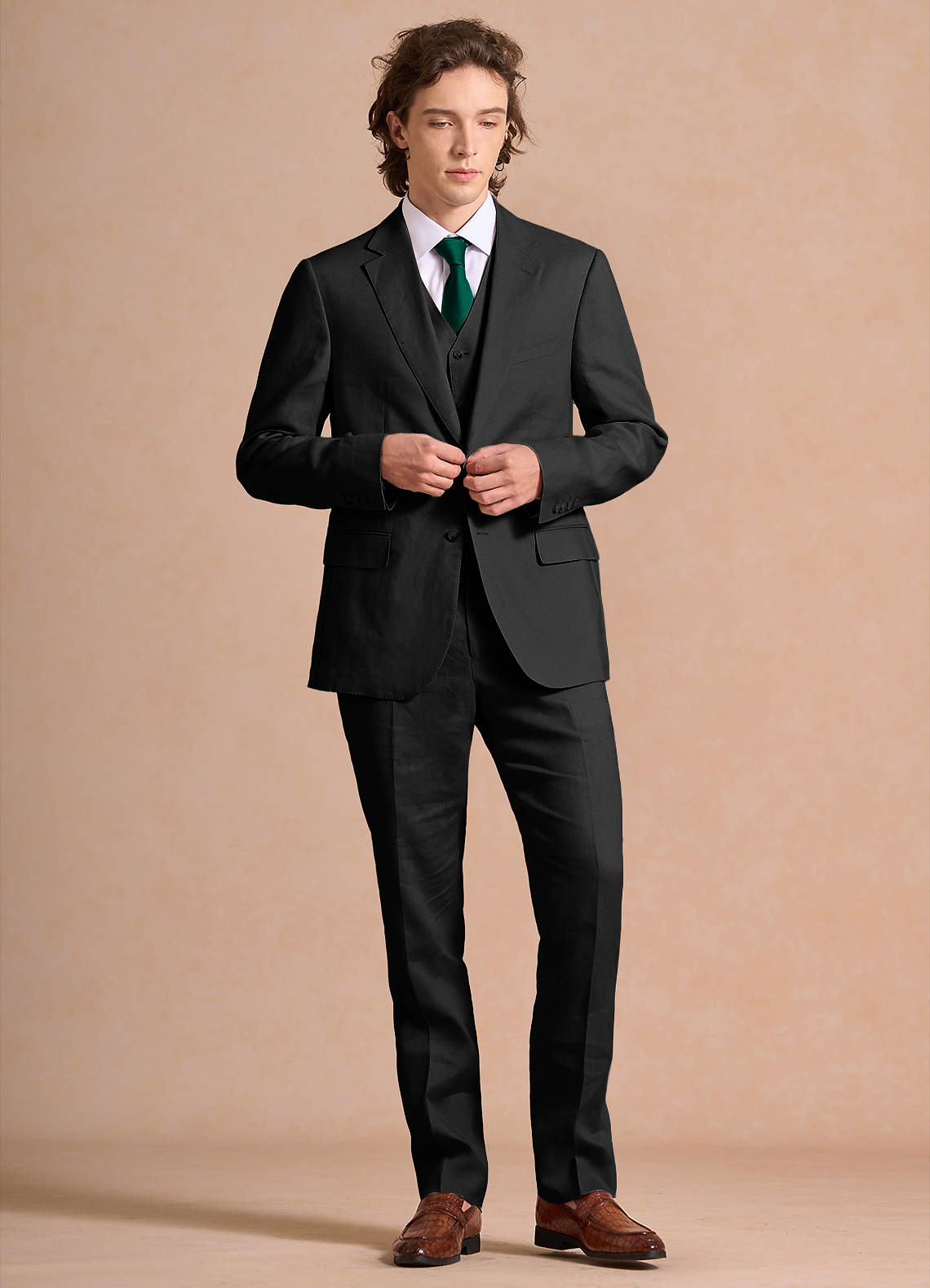 front Harrison Black 100% Linen 3-Piece Suit