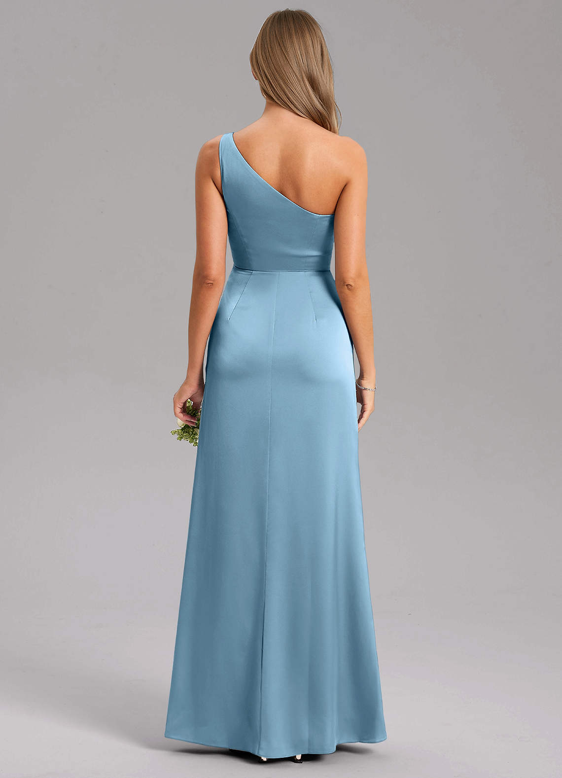 Azazie Phaedra Probar vestidos en casa Vestido de Oliva de Satén Elástico de Corte en A con Hombro unilateral image1