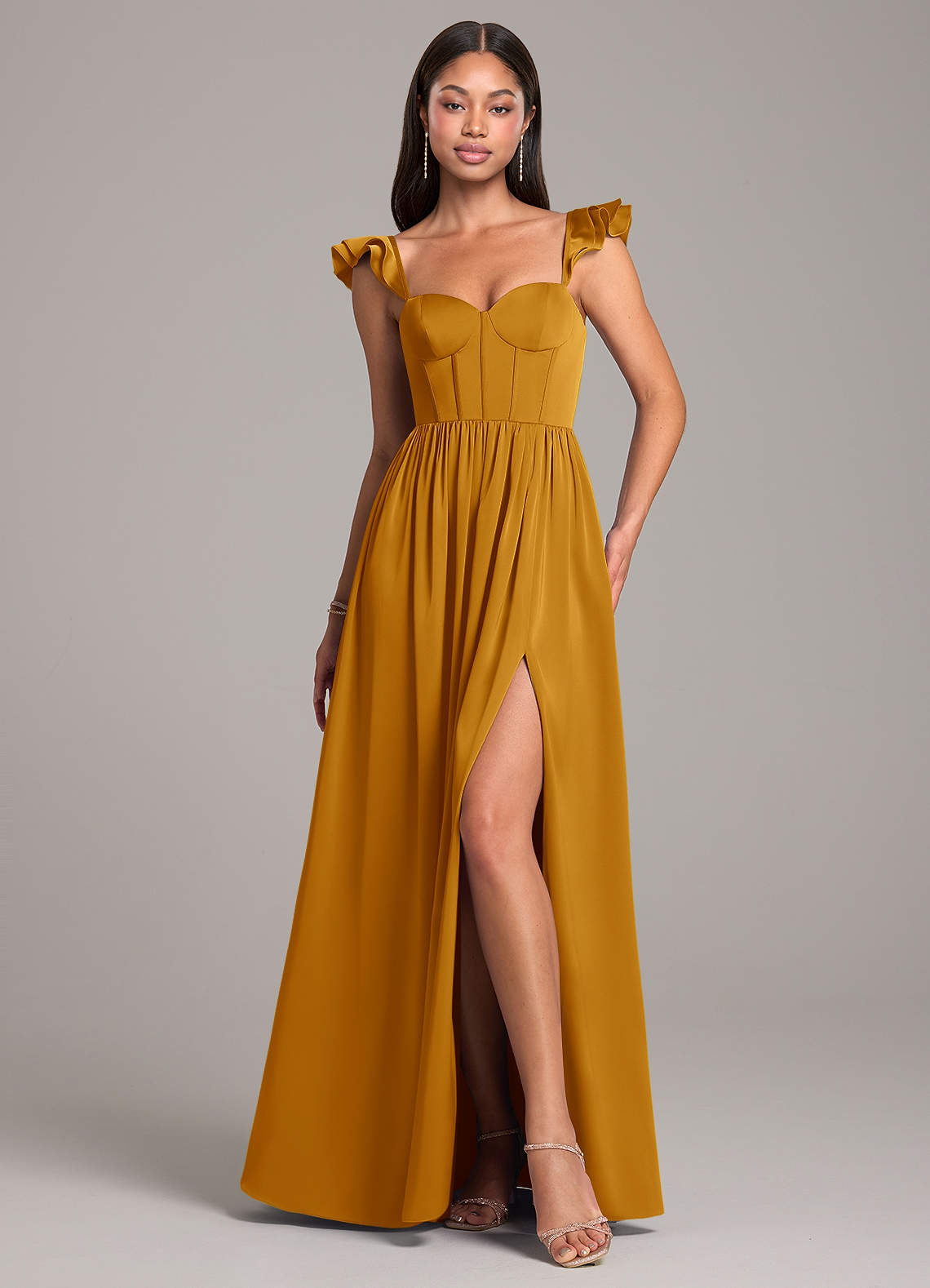 Azazie Denisse Bridesmaid Dresses Butterscotch A-Line Ruched Stretch Satin Dress image1