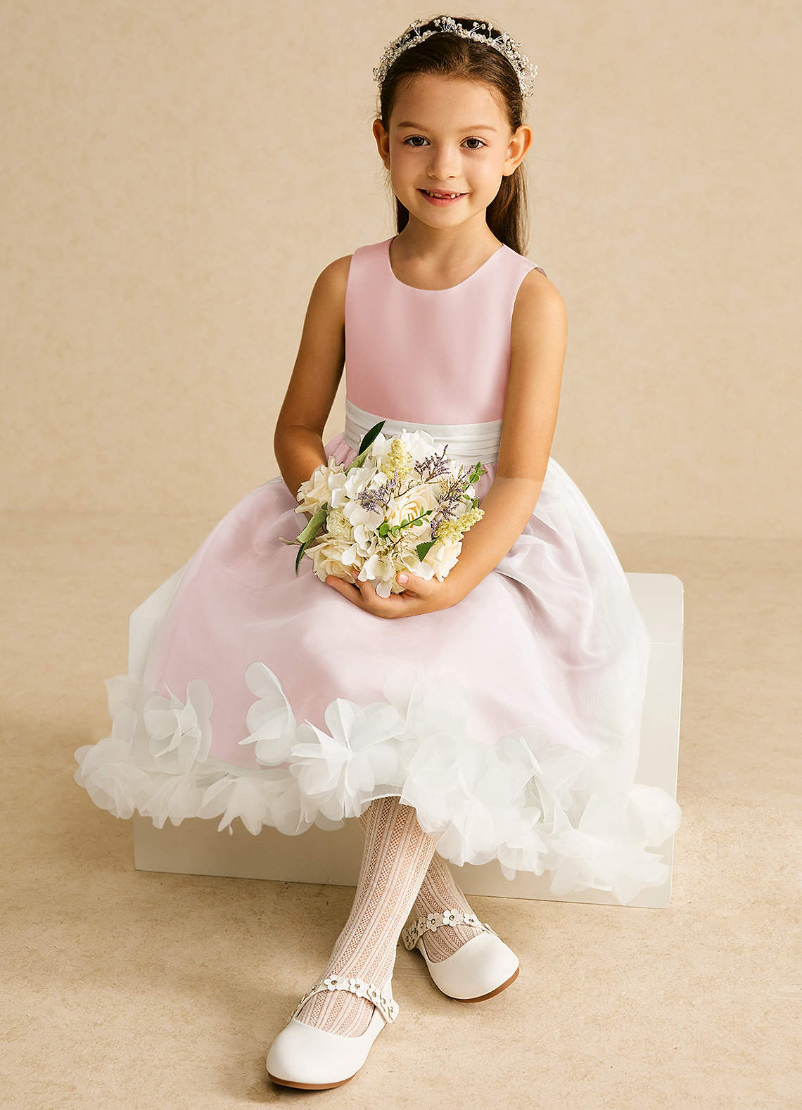 Azazie Stardust Flower Girl Dresses Blushing Pink A-Line Sleeveless Organza Dress image1