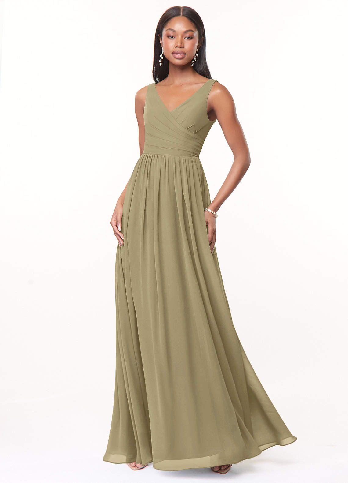 Azazie Keyla Bridesmaid Dresses Moss Green A-Line V-Neck Pleated Chiffon Dress image1