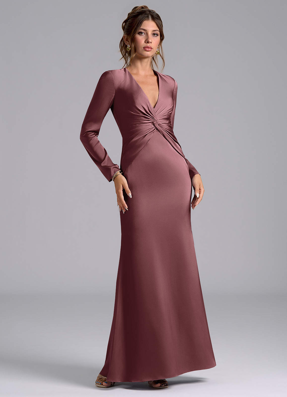 Azazie Valerie Bridesmaid Dresses Vintage Mauve Mermaid Long Sleeve Stretch Satin Dress image1