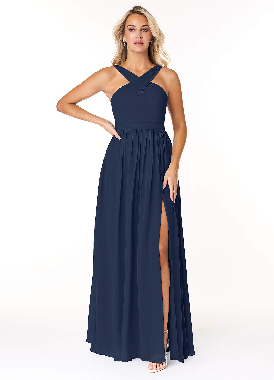 Azazie Elvira Bridesmaid Dresses Dark Navy A-Line Pleated Chiffon Dress image1