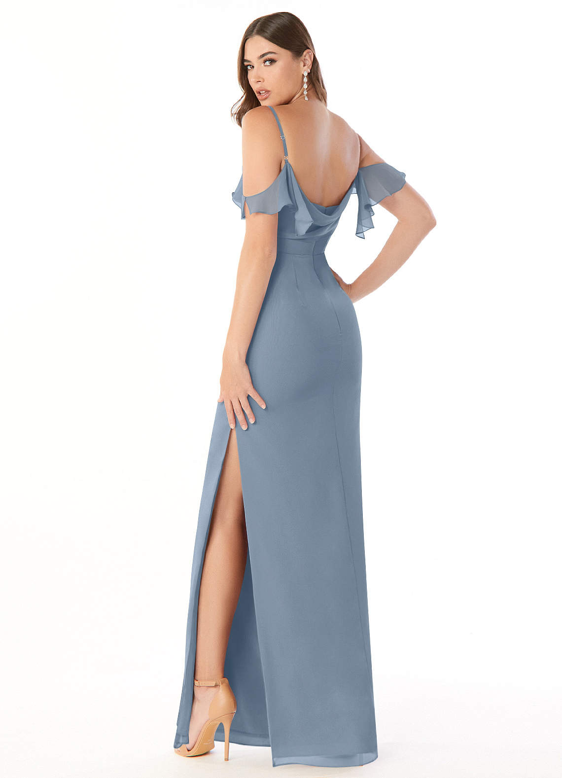 Azazie Emeralda Bridesmaid Dresses Dusty Blue Sheath Off the Shoulder Chiffon Dress image3