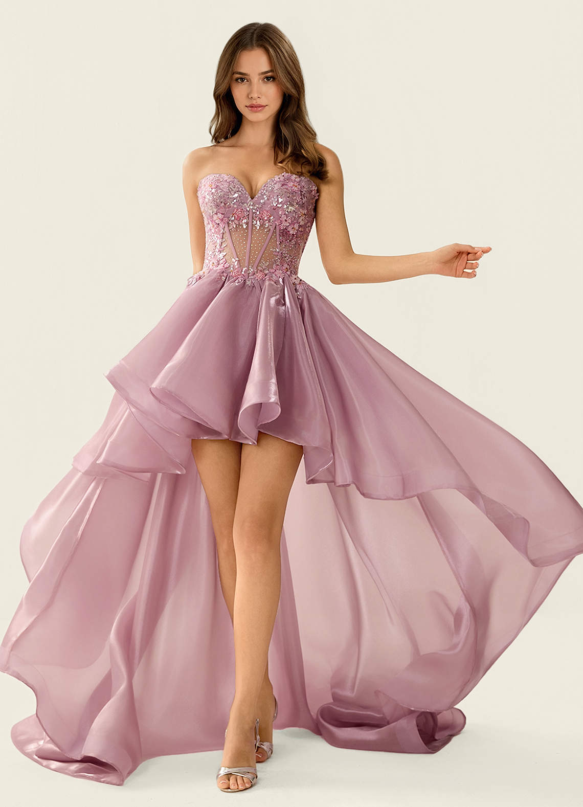 Yasmina Powder Pink Corset Lace Up Back Lace Ruffled Prom Dress Ready to Ship