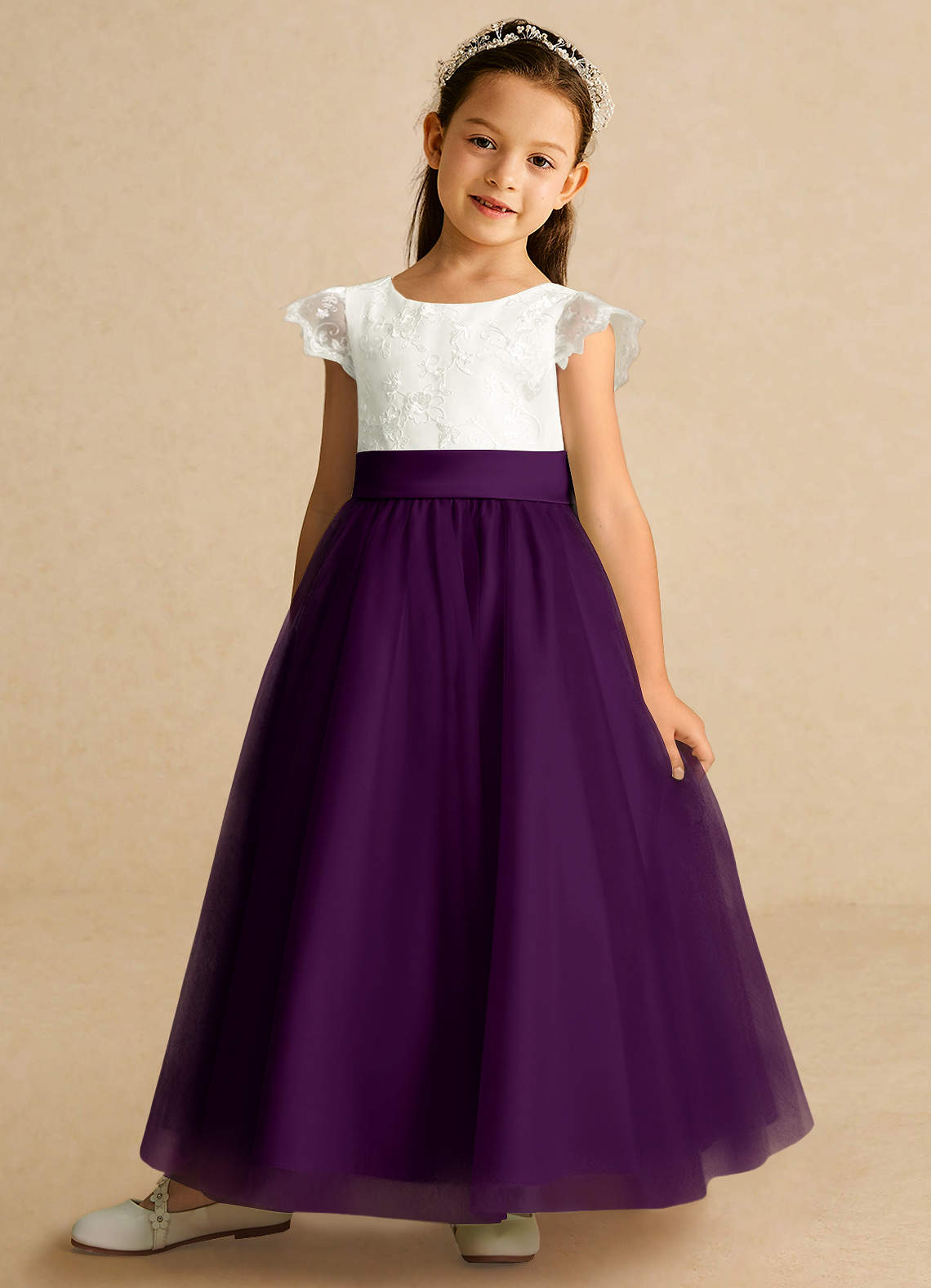 Azazie Pookie Flower Girl Dresses Grape A-Line Lace Tulle Dress image1
