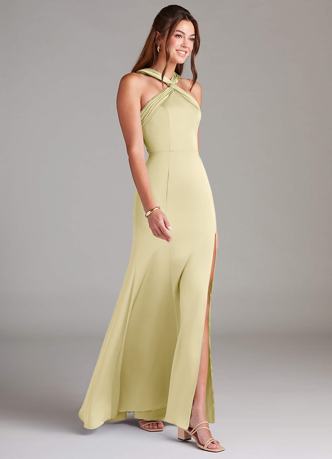 Azazie Rue Bridesmaid Dresses Lemon Sorbet Mermaid Pleated Stretch Satin Dress image3