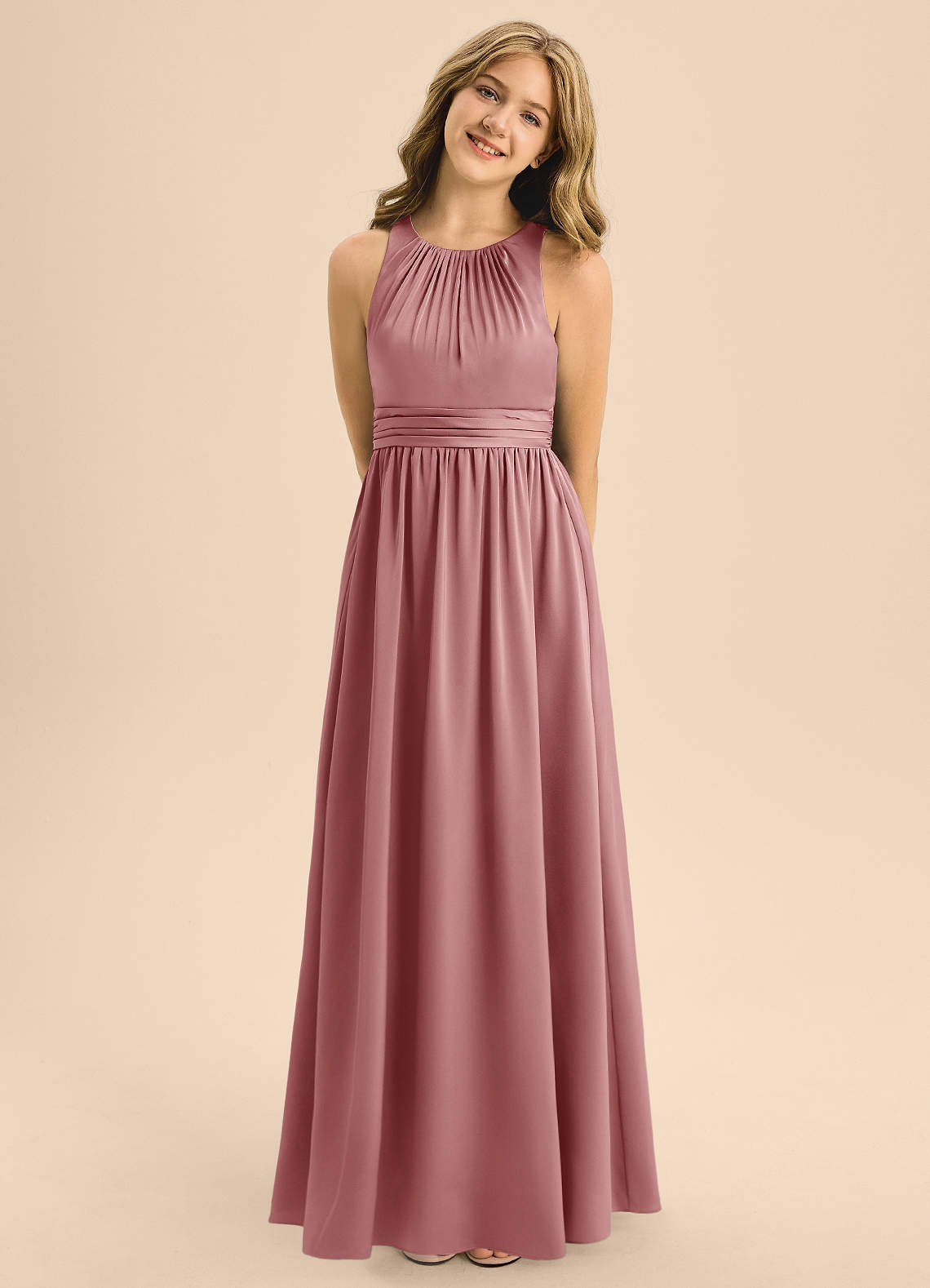 Azazie Jaylah Junior Vestido de Rosa Polvorienta de Satén Elástico de Corte en A con Plisado image4