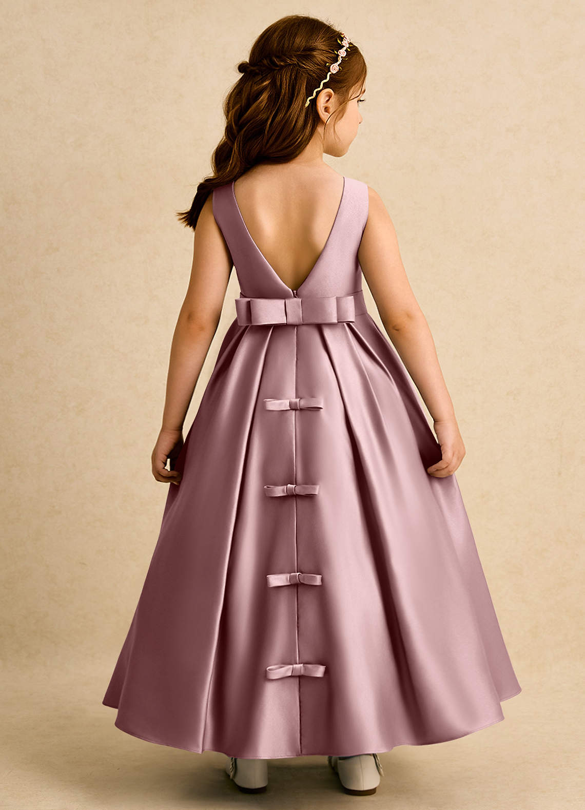 Azazie Mapel Flower Girl Dresses Dusty Rose Ball-Gown Pleated Matte Satin Dress image1