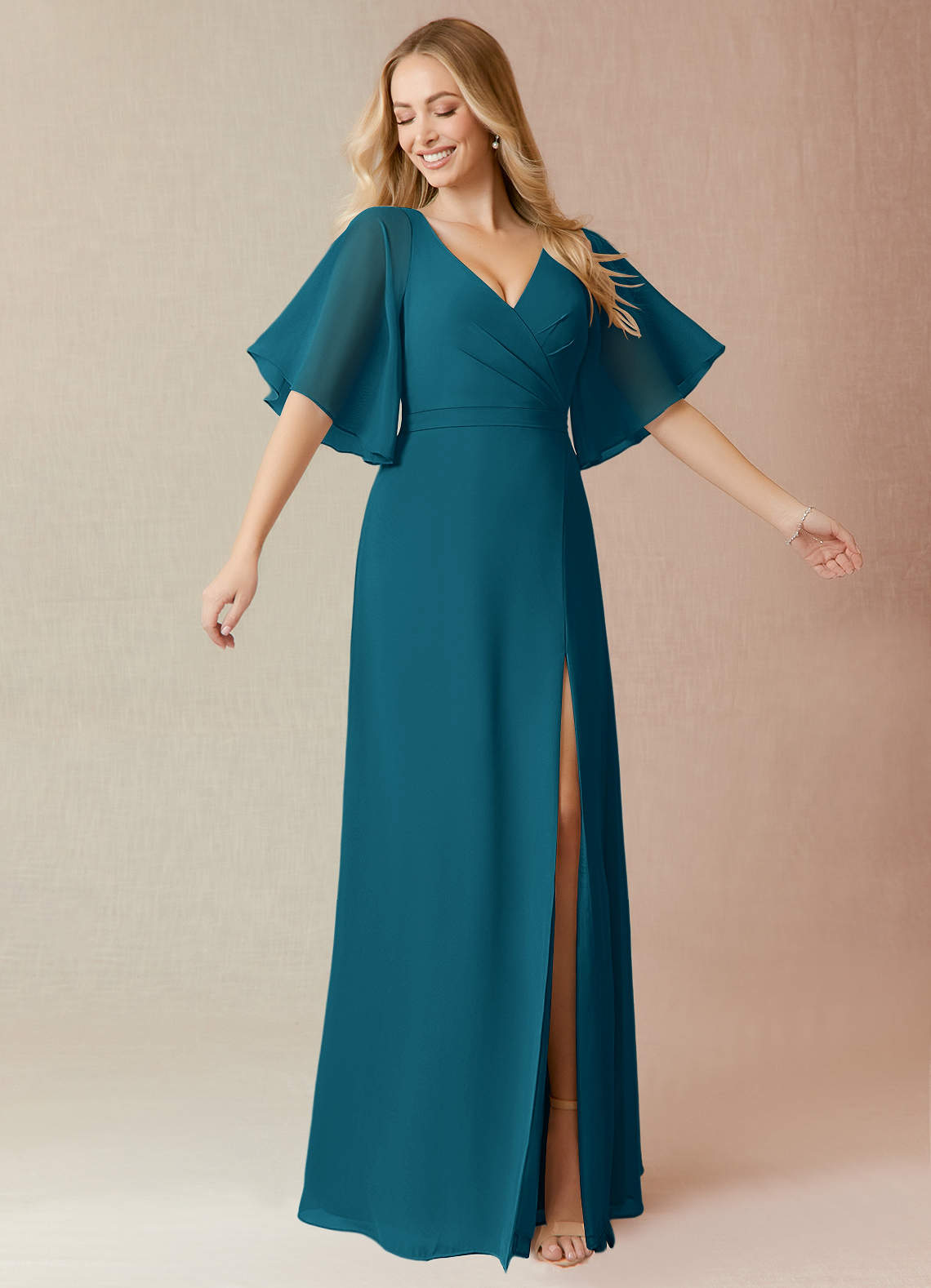 Azazie Cierra Brautjungfernkleider A-Linie V-Hals Chiffon Kleid Tintenblau image1