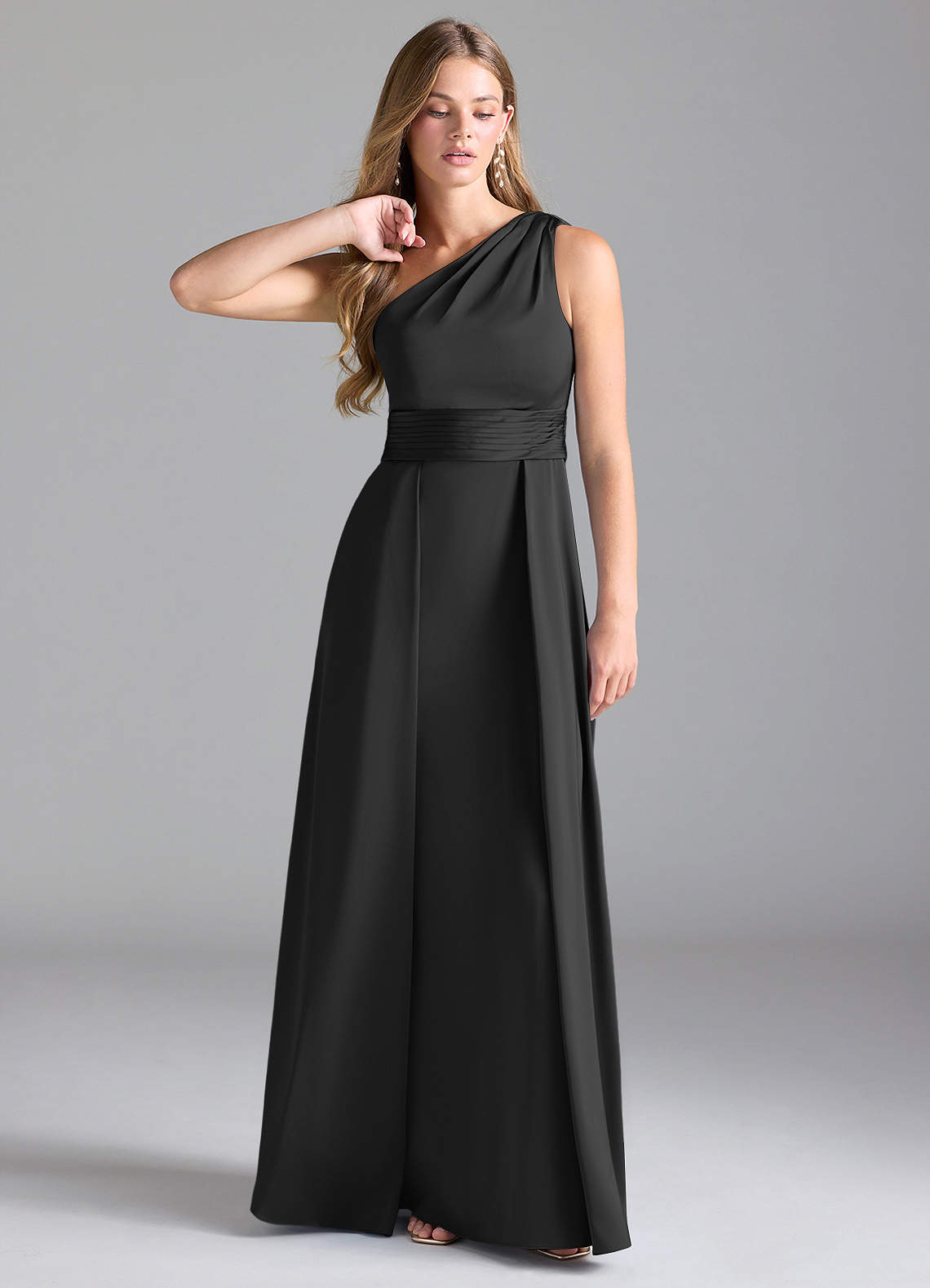 Azazie Dallas Bridesmaid Dresses Black A-Line One Shoulder Stretch Satin Dress image1