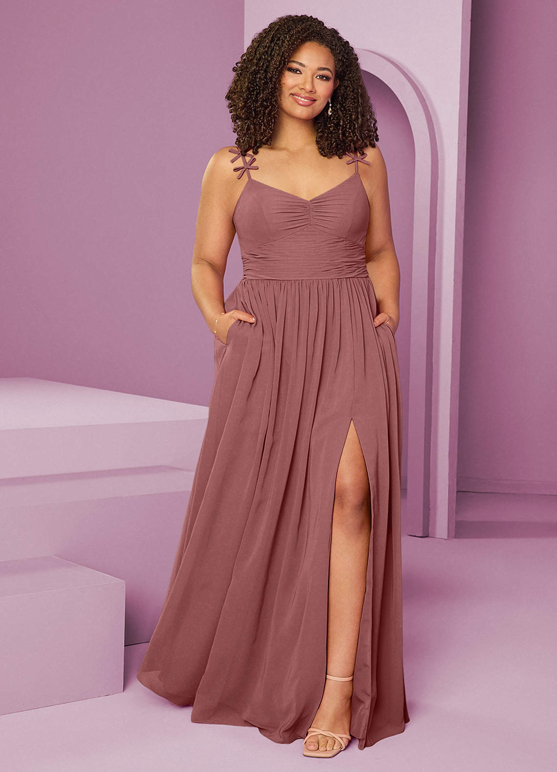 Barbie ♥ Azazie Jurken voor bruidsmeisjes Jurk van Chiffon met A-Lijn Geplooid Woestijnroos image1