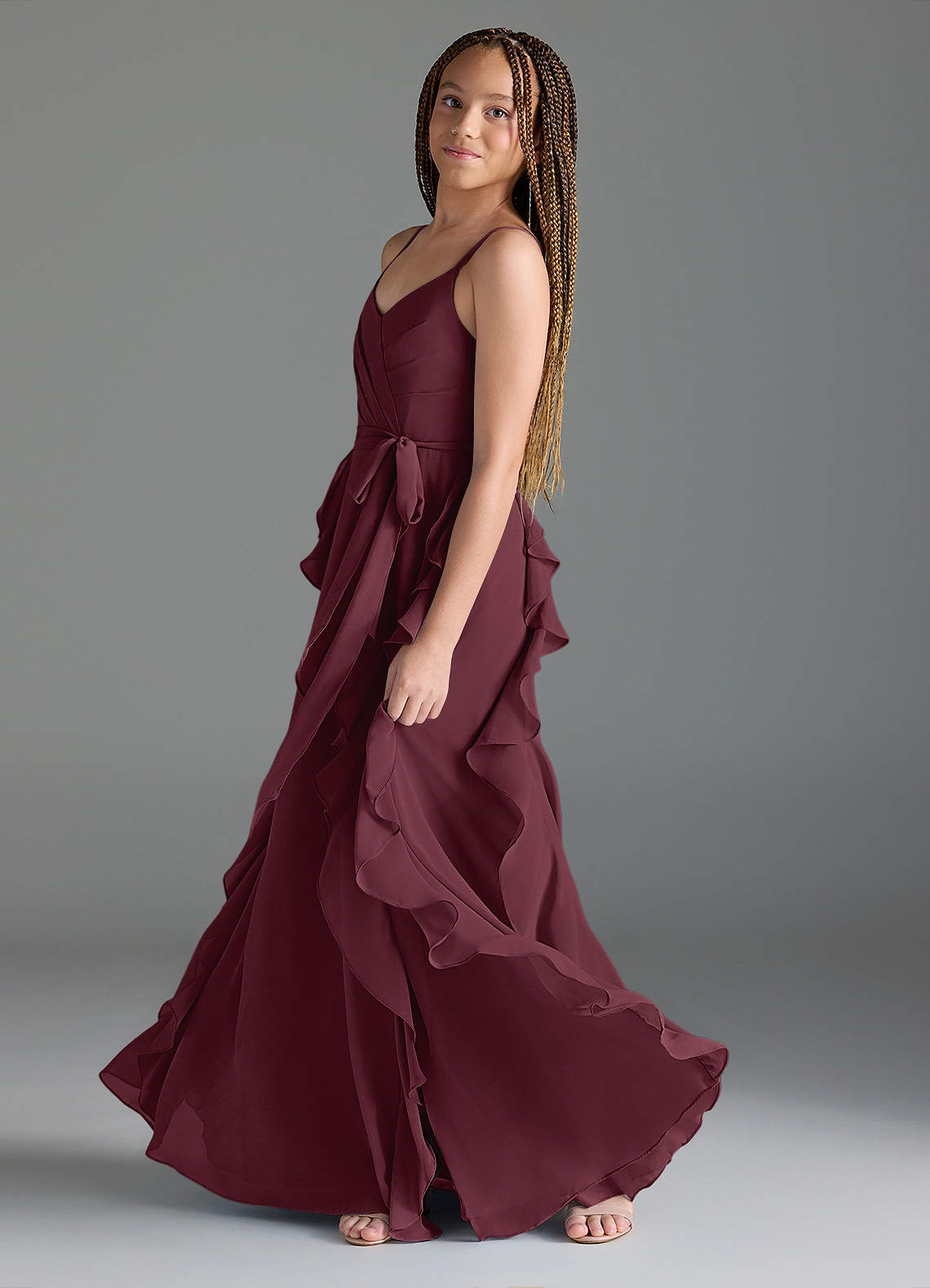 Azazie Peyton Junior Vestido Cabernet de Chiffon de Linha A com Plissado image3