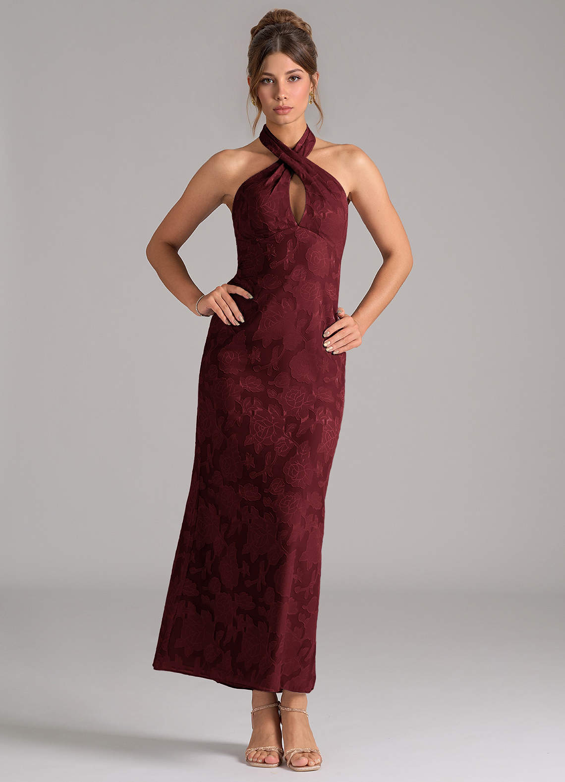 Azazie Marlissa Bridesmaid Dresses Cabernet Sheath Pleated Floral Burnout Dress image1