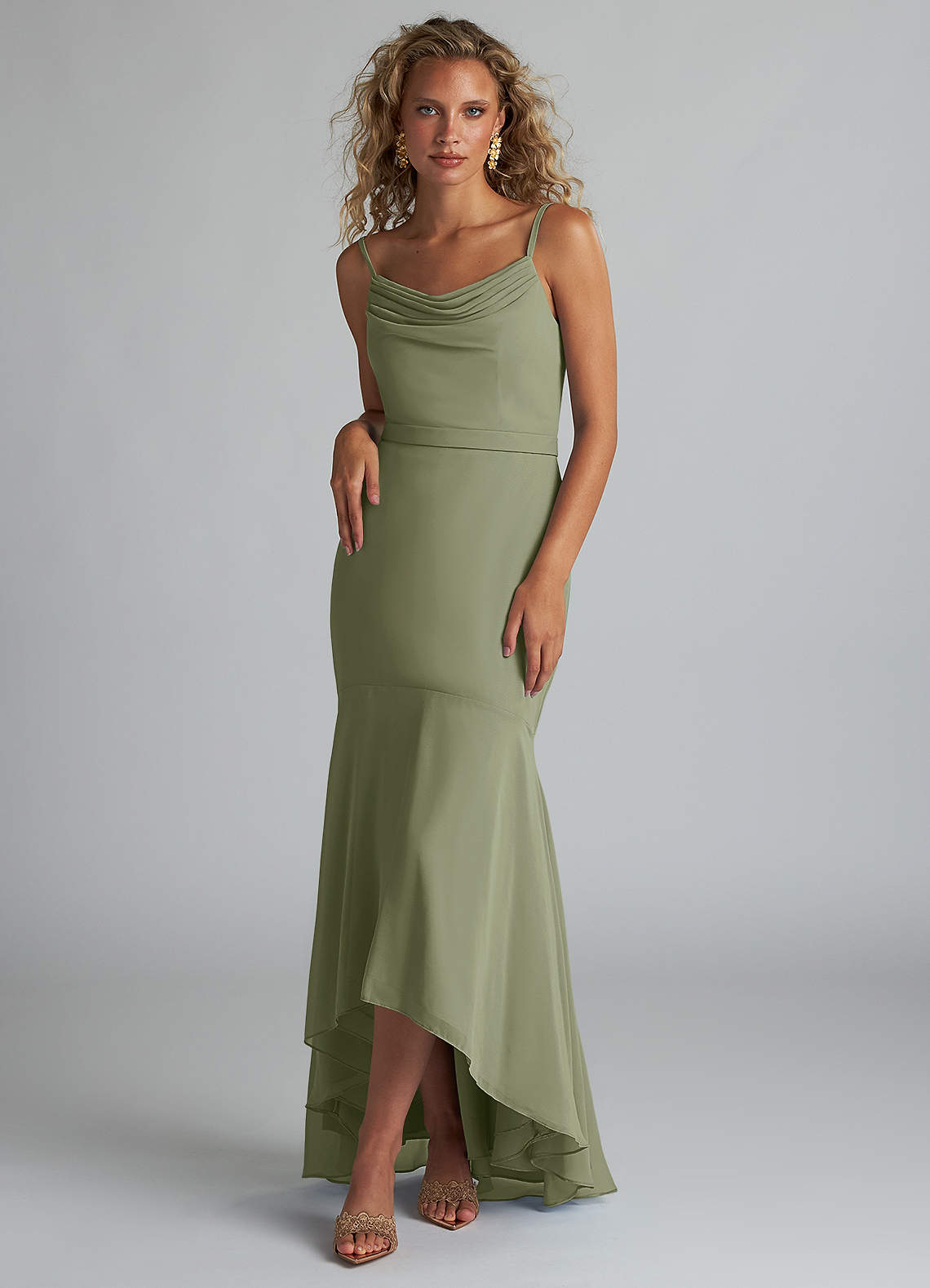 Azazie Summer Bridesmaid Dresses Pistachio Mermaid Scoop Cowl Chiffon Dress image1