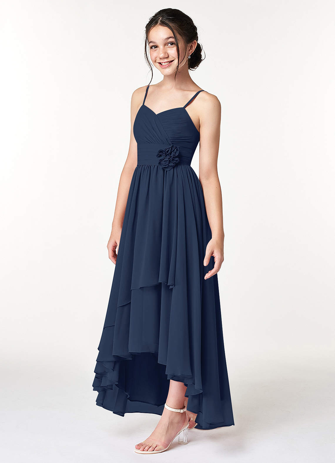 Azazie Catalina Junior Robe Trapèze en Mousseline de soie Rayé Bleu Marine Foncé image2