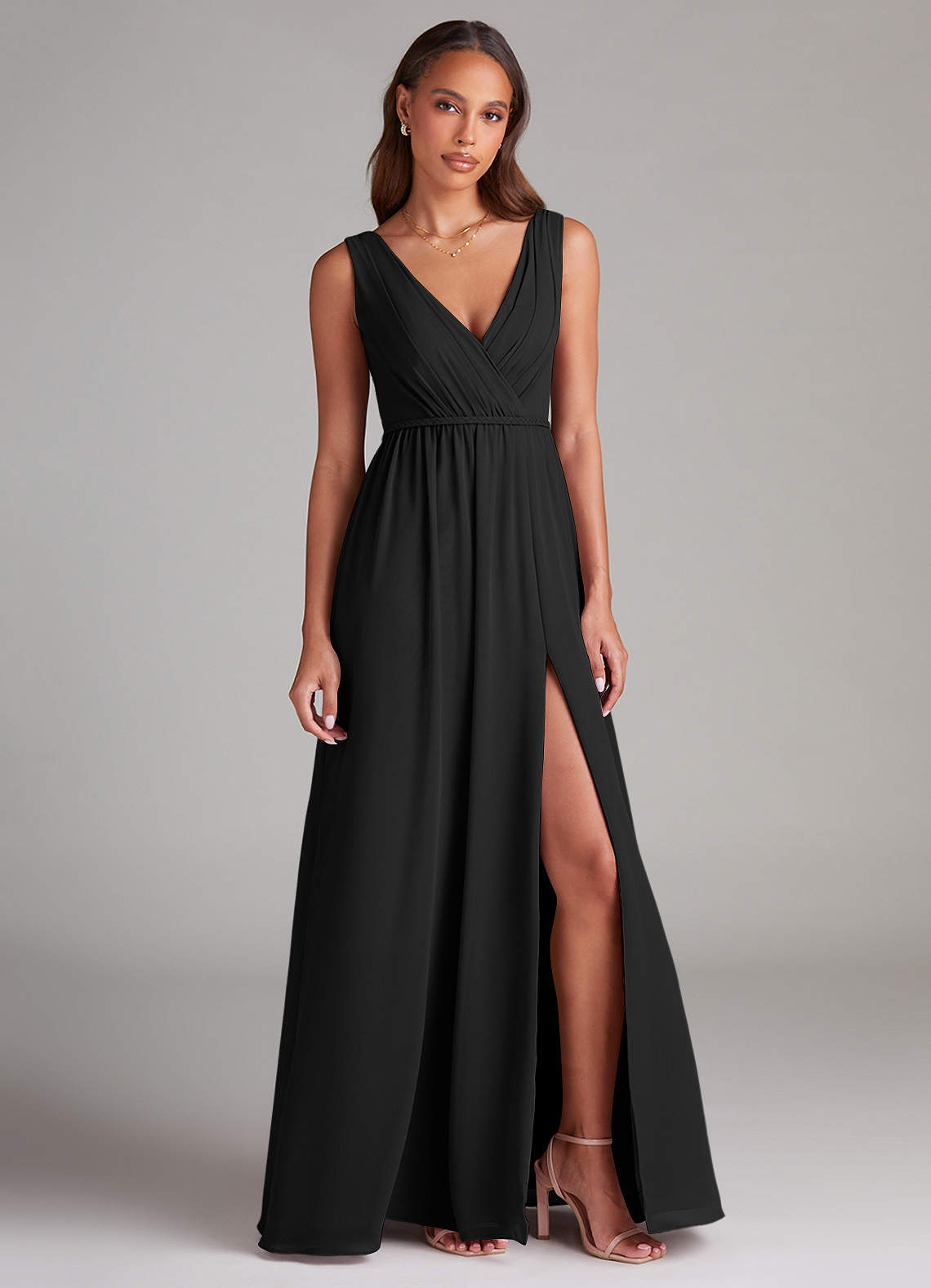 Azazie Tanicia At-home Try On Dresses Black A-Line Pleated Chiffon Dress image3