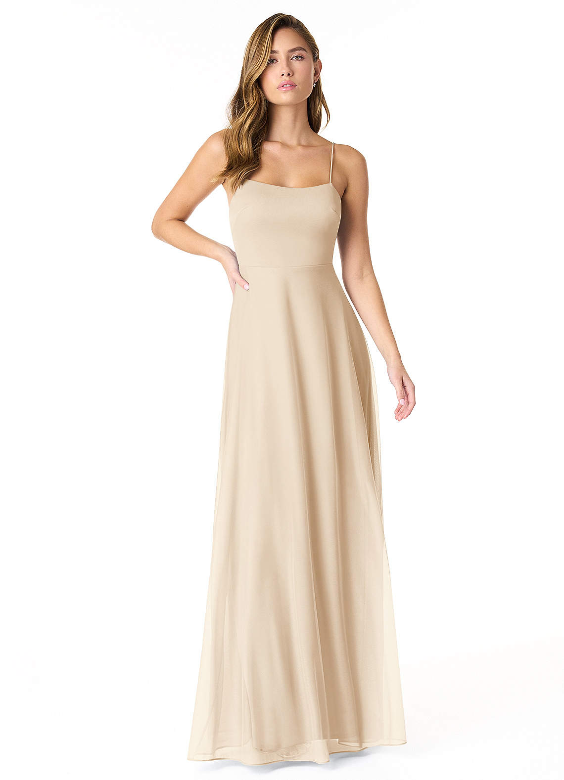 Azazie Rae Bridesmaid Dresses Champagne A-Line Bow Mesh Dress image1
