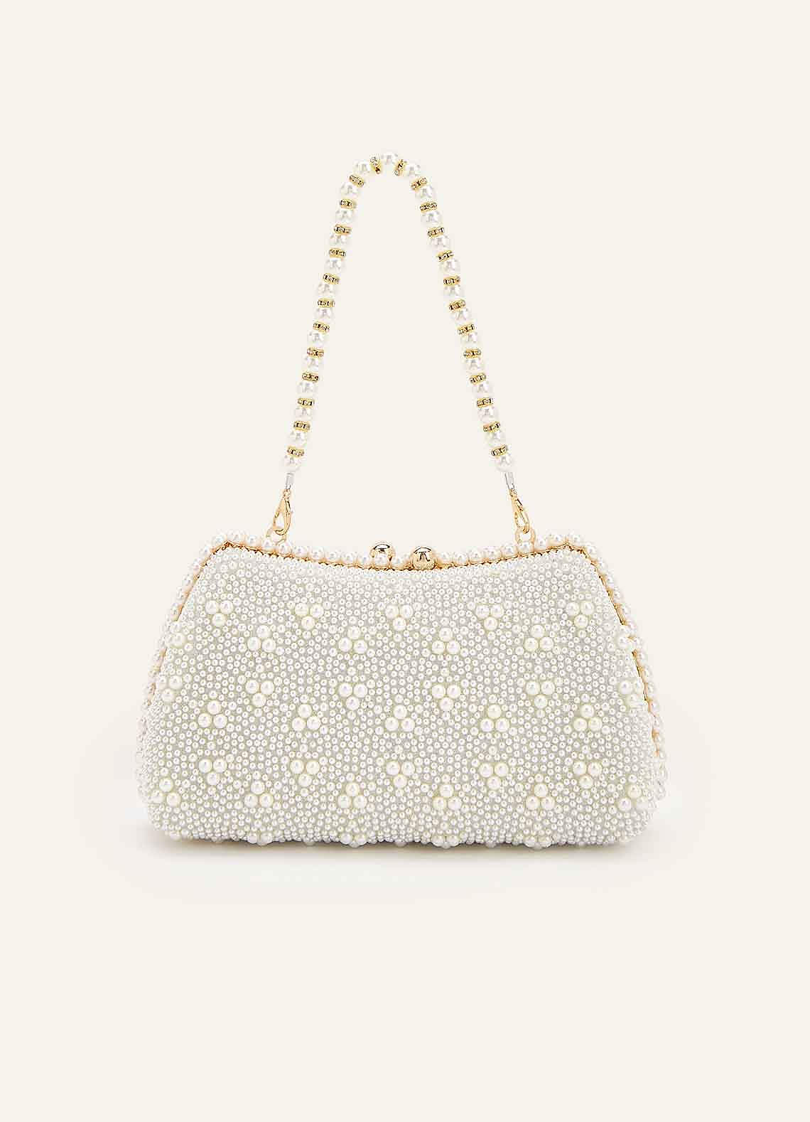 front Matching Color Matte Satin Pearl and Bow Pointed Toe Block Heels & Beaded Clutch Set
