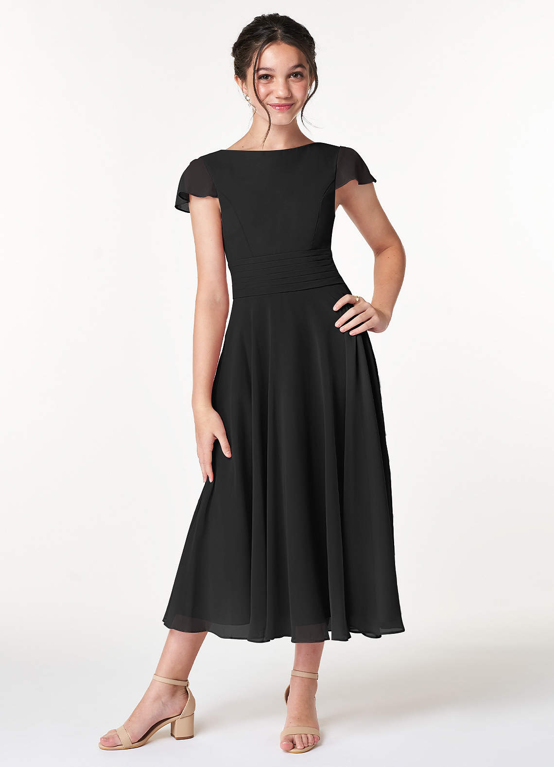 Azazie Payton Junior Black A-Line Bow Chiffon Dress image1