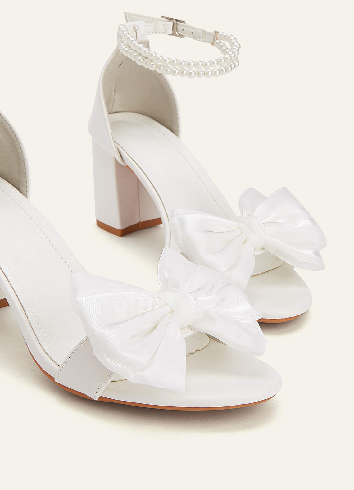 front Satin Bow & Pearl Ankle Strap Block Heel Sandals