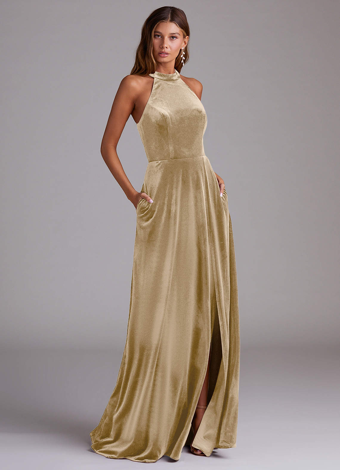 Azazie Larice Bridesmaid Dresses Golden Tan A-Line with Pockets Velvet Dress image1