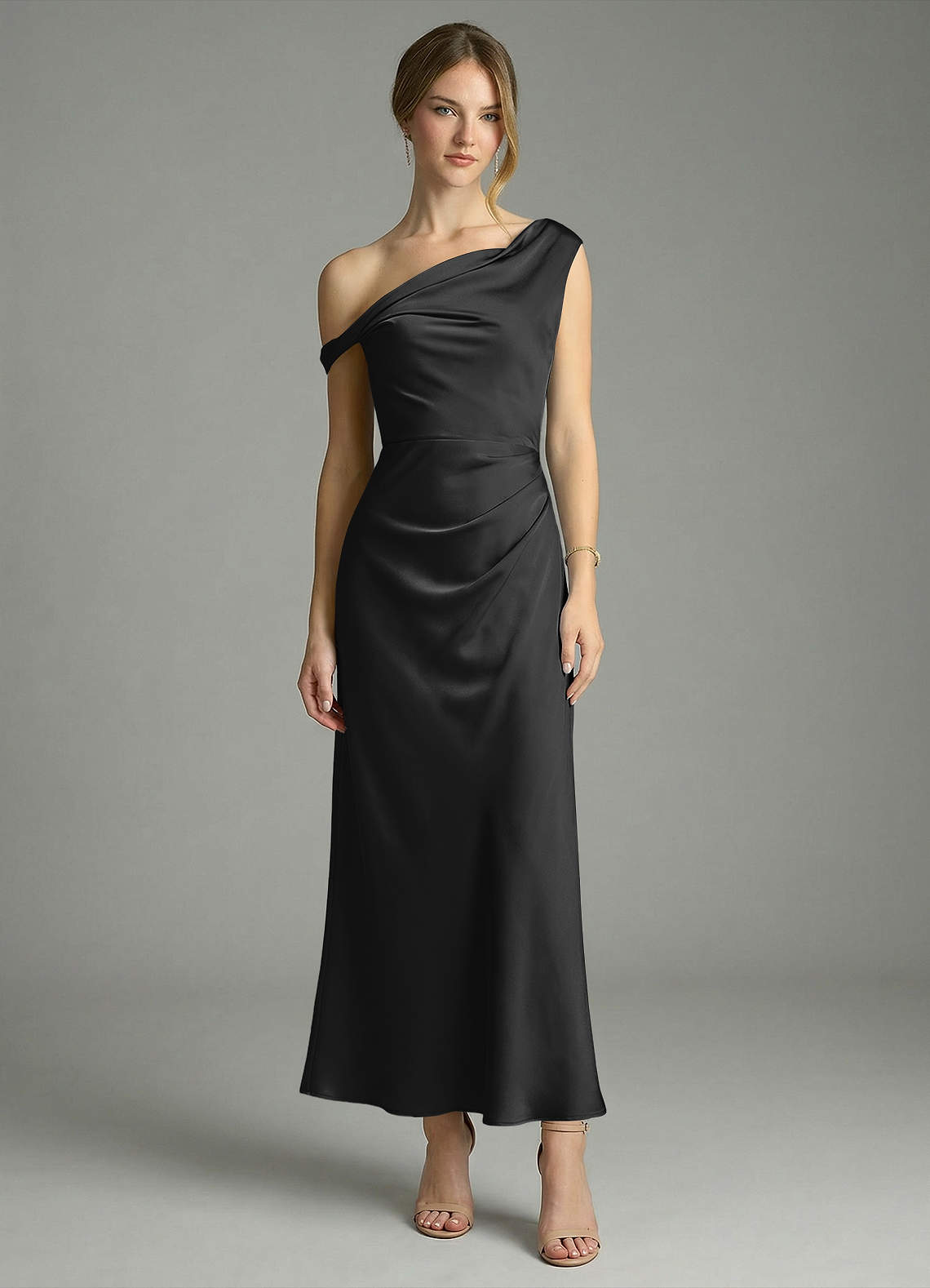 Azazie Emerson At-home Try On Dresses Black Mermaid Off the Shoulder Stretch Satin Dress image4