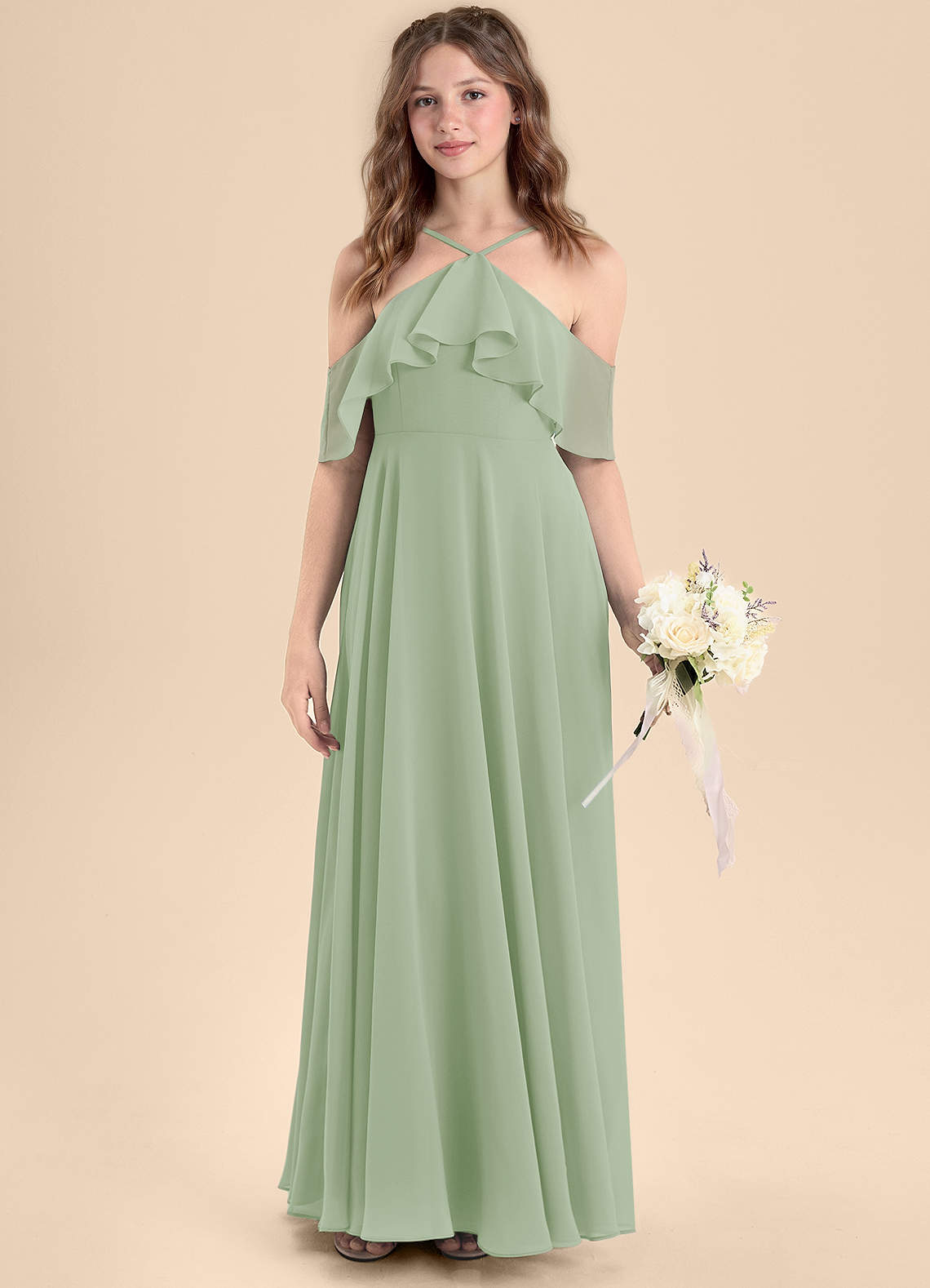 Azazie Tessabelle Junior Vestido de Salvia Polvorienta de Gasa de Corte en A con Vestidos sin tirantes image3